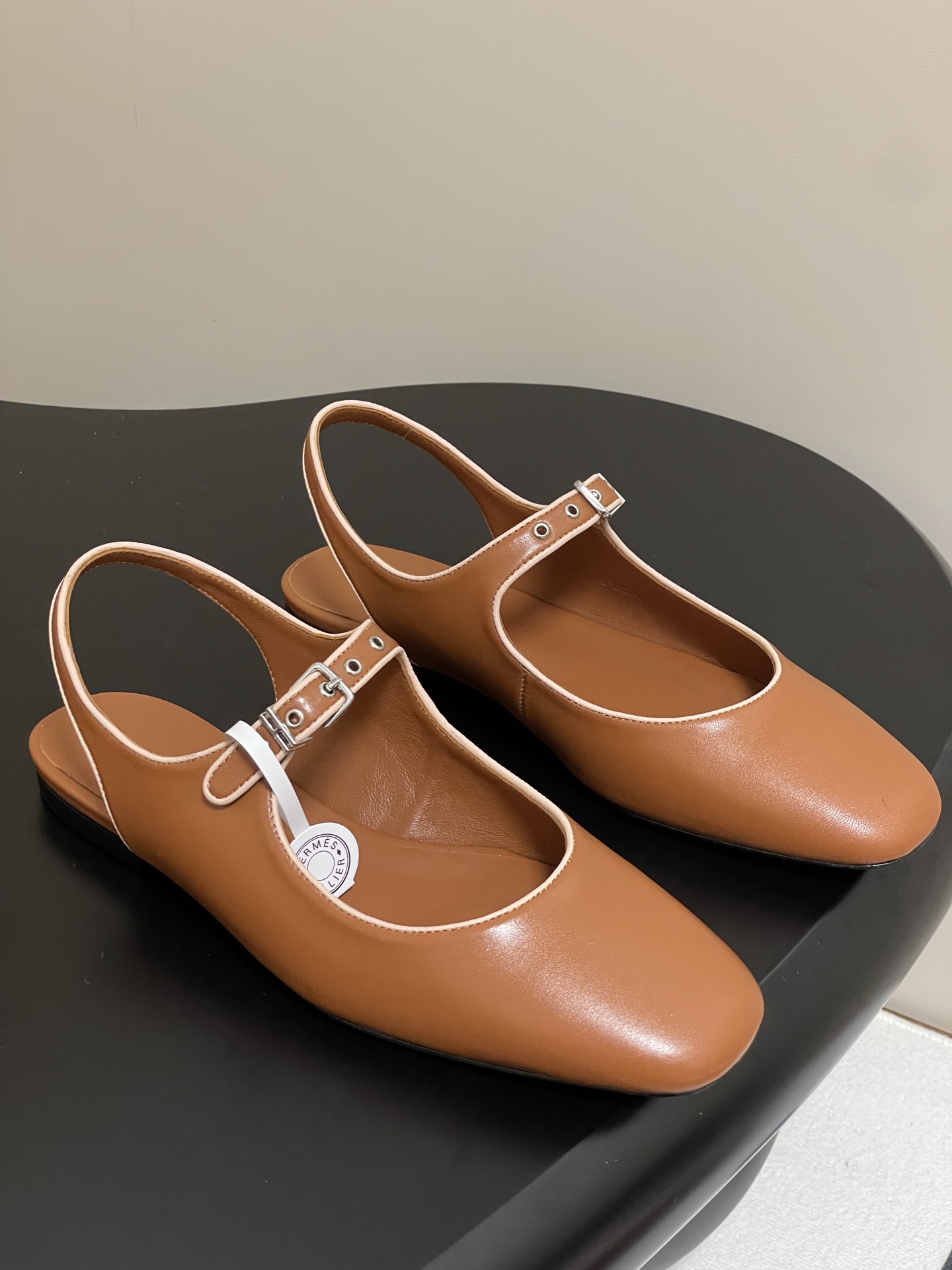 Hermes Women's Brown Leather Mary Jane Ballet Flats with Ankle Strap 1 Hermes Women's Brown Leather Mary Jane Ballet Flats with Ankle Strap