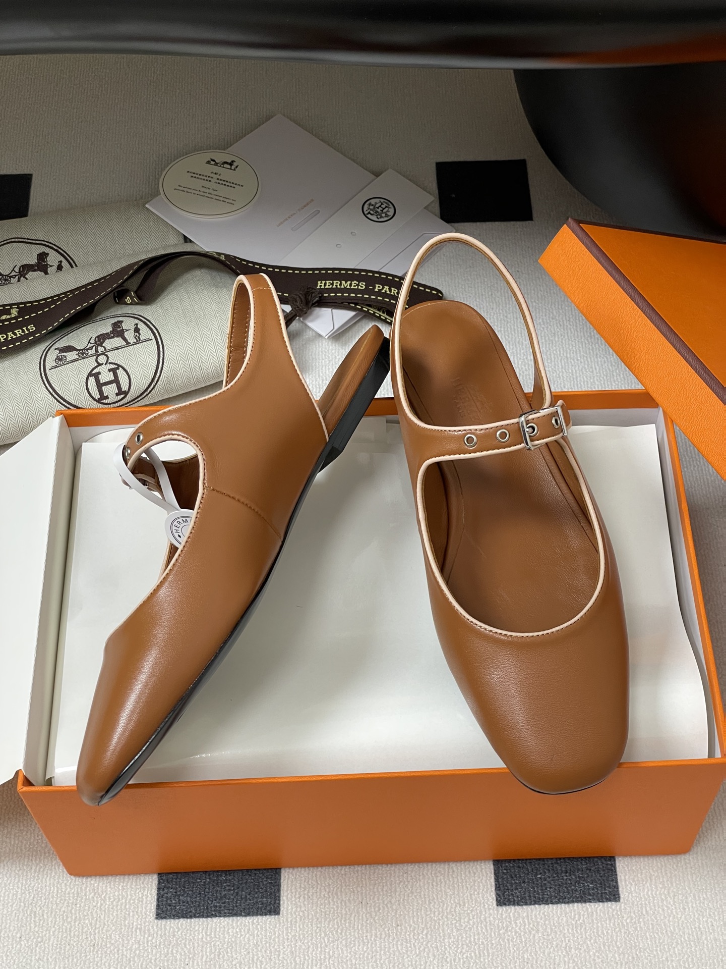 Hermes Women's Brown Leather Mary Jane Ballet Flats with Ankle Strap 7 i1745877429809 5653 0 1
