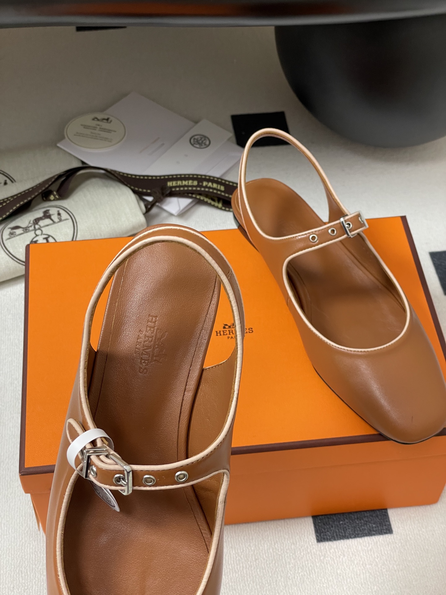 Hermes Women's Brown Leather Mary Jane Ballet Flats with Ankle Strap 8 i1745877430062 7185 0 3