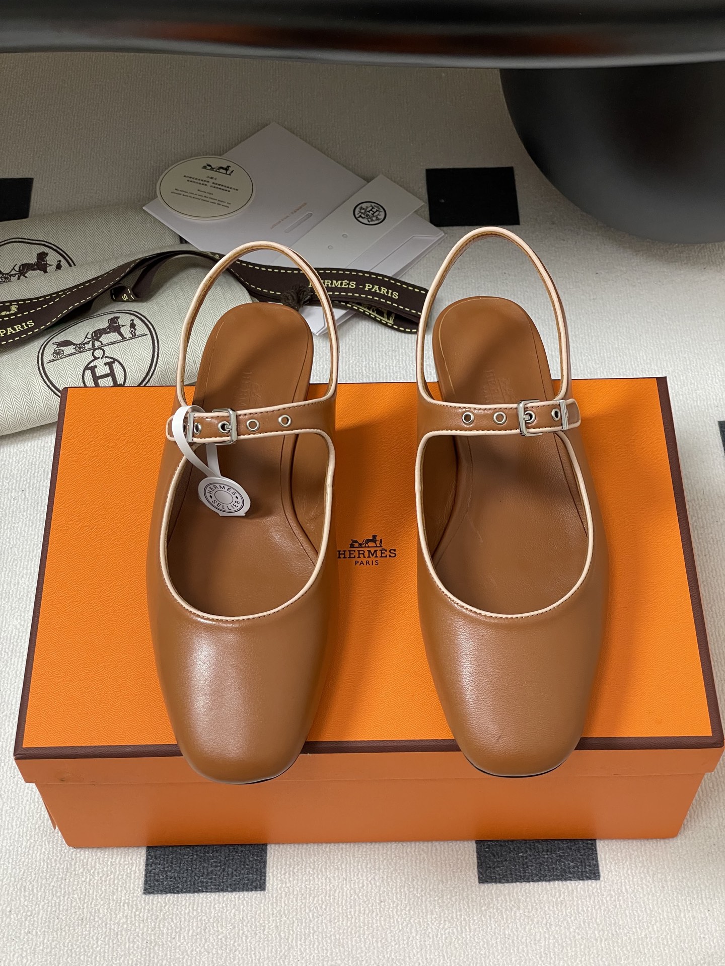 Hermes Women's Brown Leather Mary Jane Ballet Flats with Ankle Strap 6 i1745877430175 757 0 2
