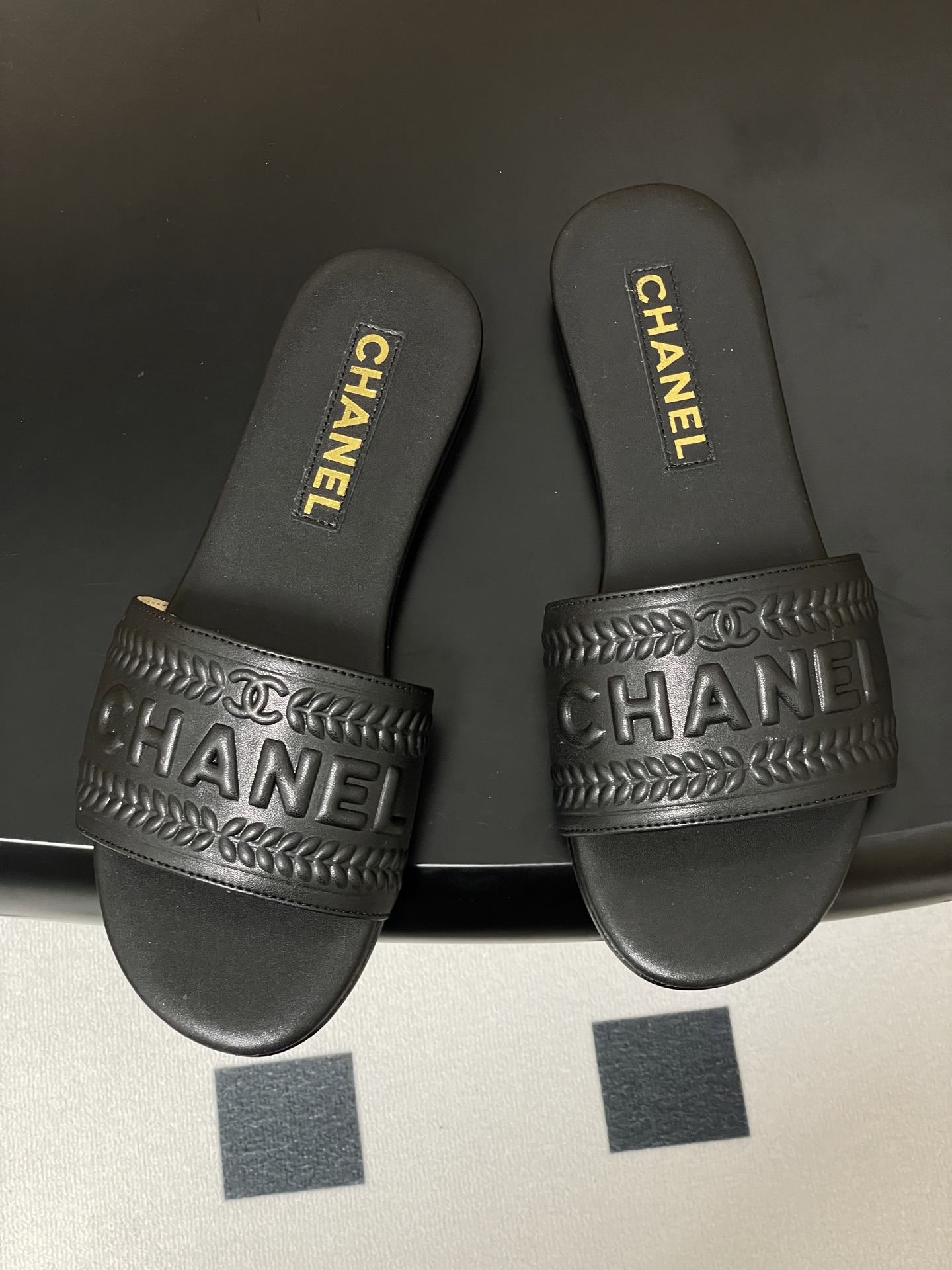 Chanel Women's Black Lambskin Flat Sandals Slides With Embroidered Logo 3 i1746636085536 7278 0 2