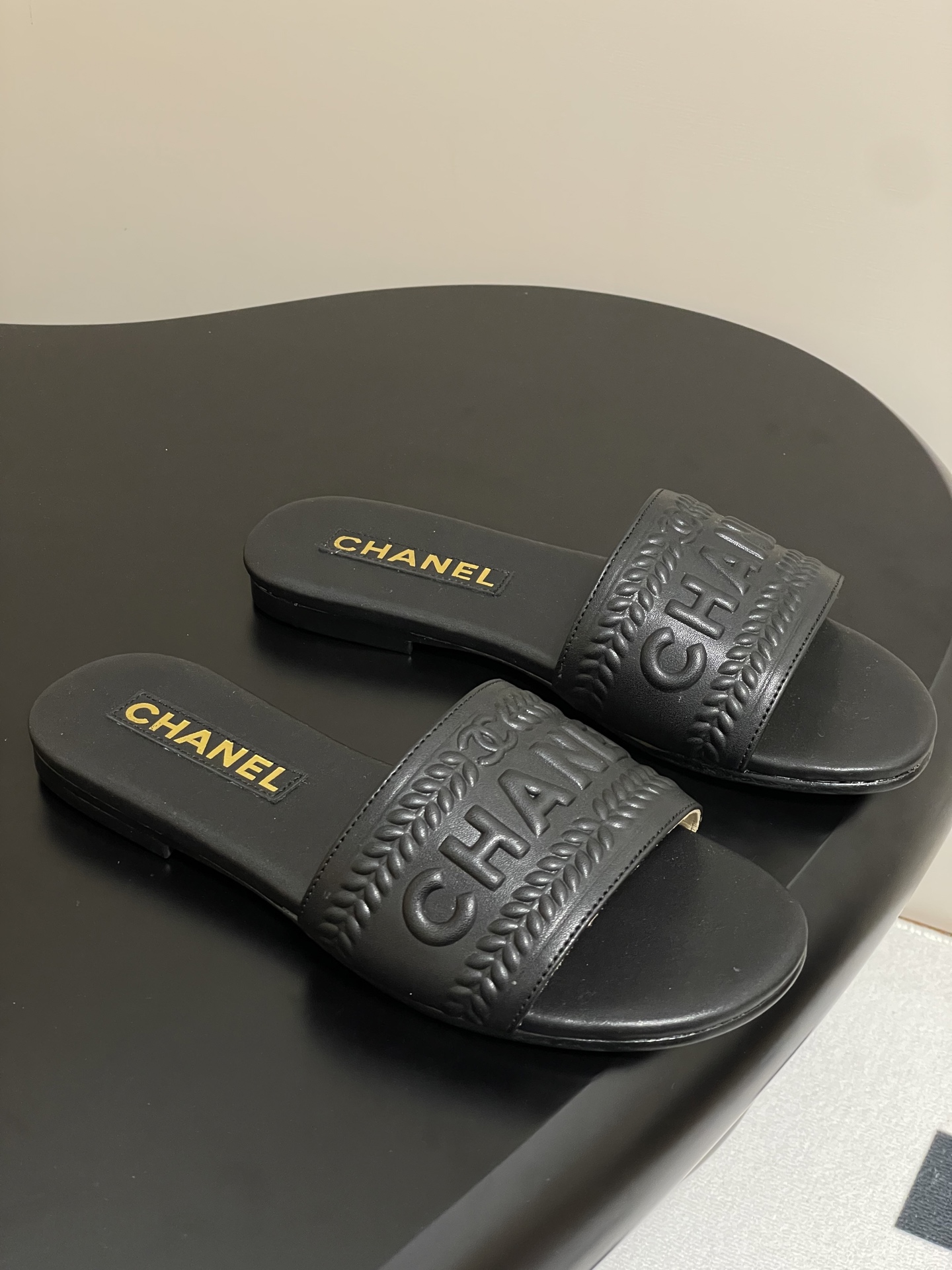 Chanel Women's Black Lambskin Flat Sandals Slides With Embroidered Logo 2 i1746636137988 5425 0 0