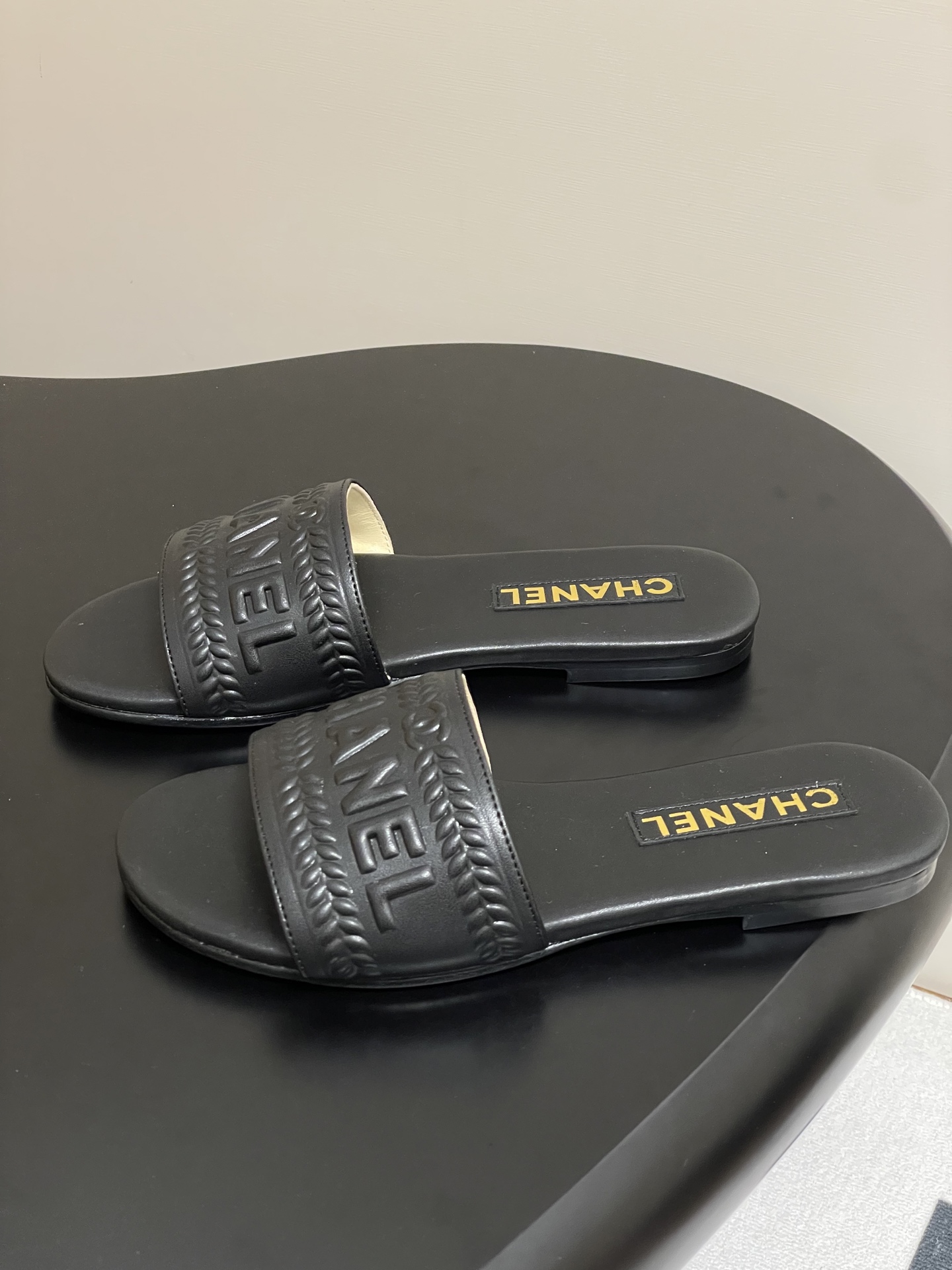 Chanel Women's Black Lambskin Flat Sandals Slides With Embroidered Logo 4 i1746636137993 3839 0 1