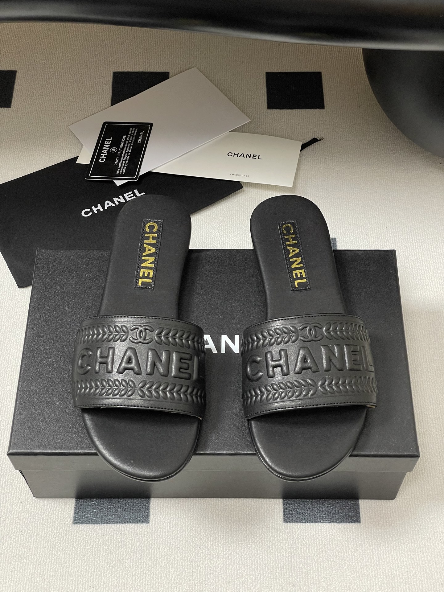 Chanel Women's Black Lambskin Flat Sandals Slides With Embroidered Logo 6 i1746636138018 2919 0 3