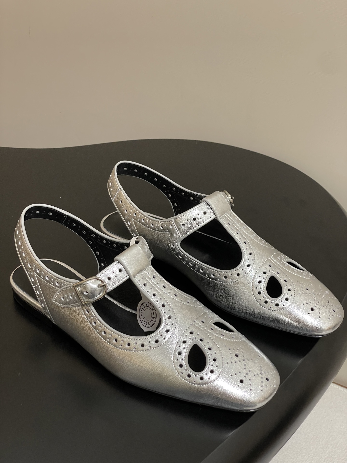 Hermès Khéa Silver Mary Jane Derbies with Perforated Nappa Leather 1 Hermès Khéa Silver Mary Jane Derbies with Perforated Nappa Leather