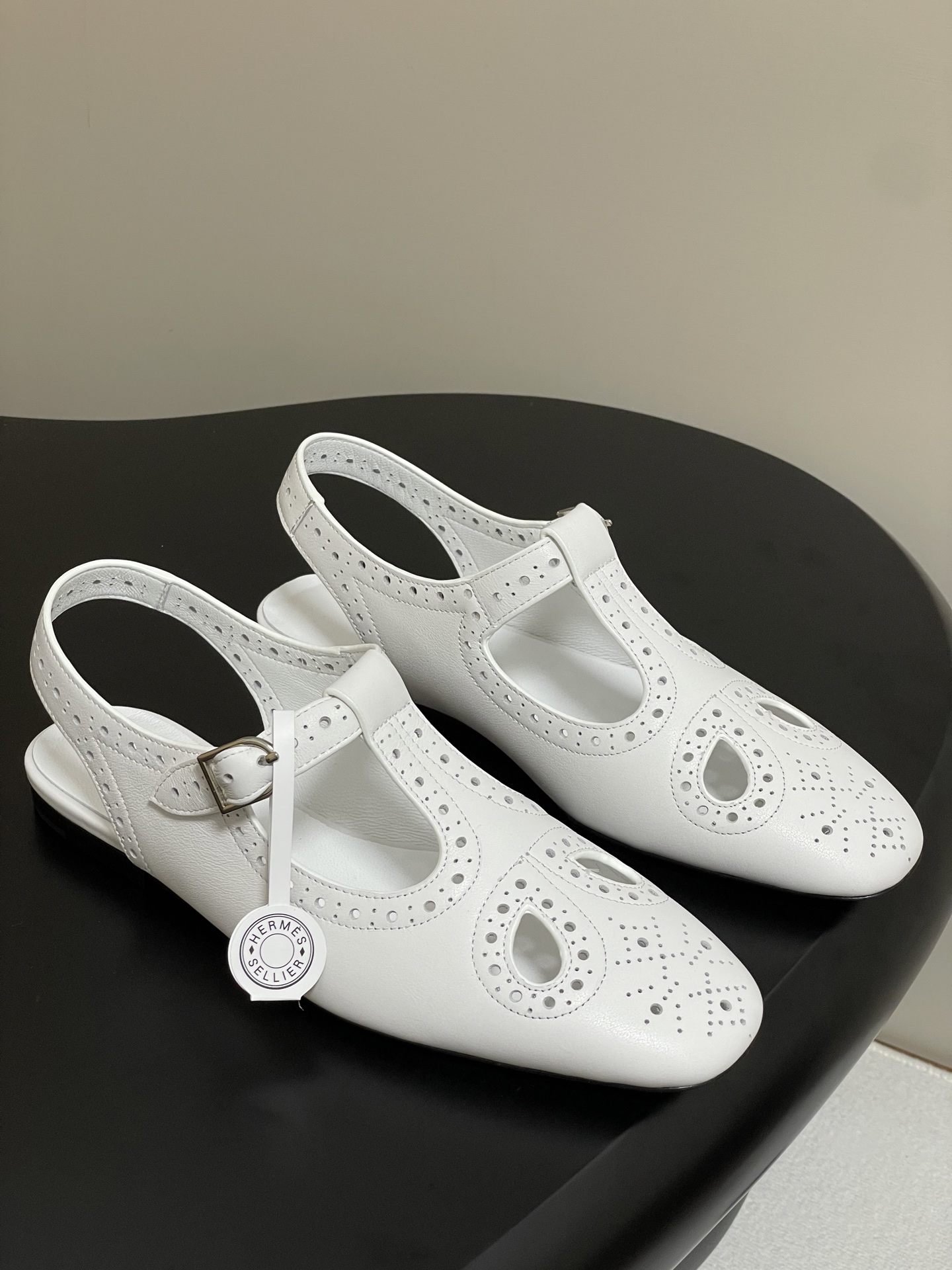 Hermes Women's Khea White Leather Derbies Mary Jane Ghillies Shoes 1 Hermes Women's Khea White Leather Derbies Mary Jane Ghillies Shoes