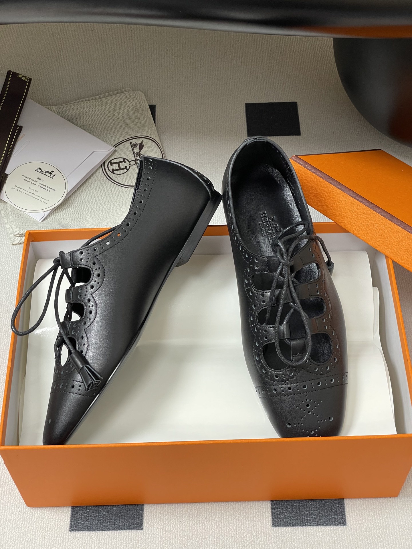 Hermes Women's Black Leather Khea Derby Shoes Brogue Pointed Toe 7 i1746737783280 348 0 8