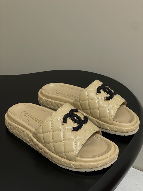 Chanel Quilted Leather CC Logo Platform Sandals Slides Beige Women's Shoes 1 Chanel Quilted Leather CC Logo Platform Sandals Slides Beige Women's Shoes