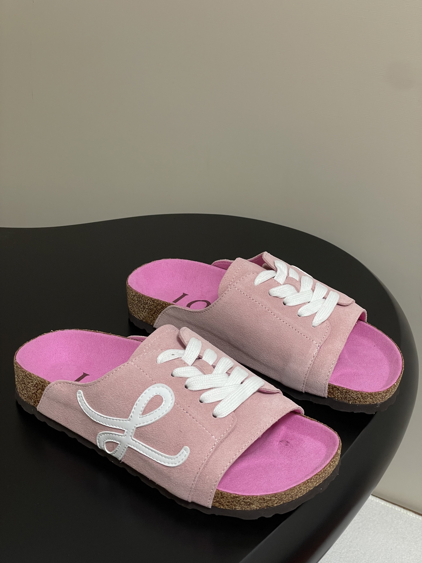 Loewe Pink Suede Birkenstock-Style Sandals with White Lace-Up Detail