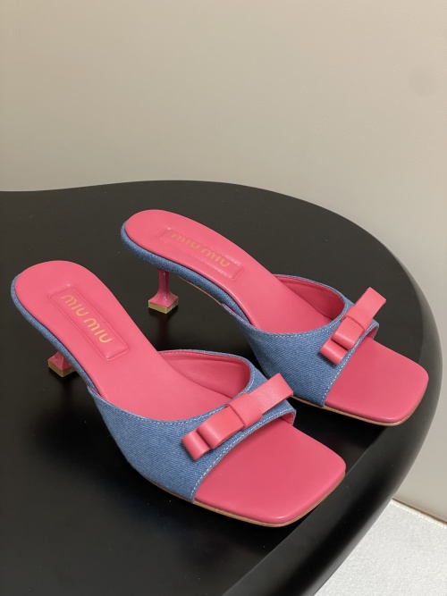 Miu Miuu Bow Heeled Sandals, Denim & Pink Leather, Women's Summer Slides 1 Miu Miuu Bow Heeled Sandals, Denim & Pink Leather, Women's Summer Slides