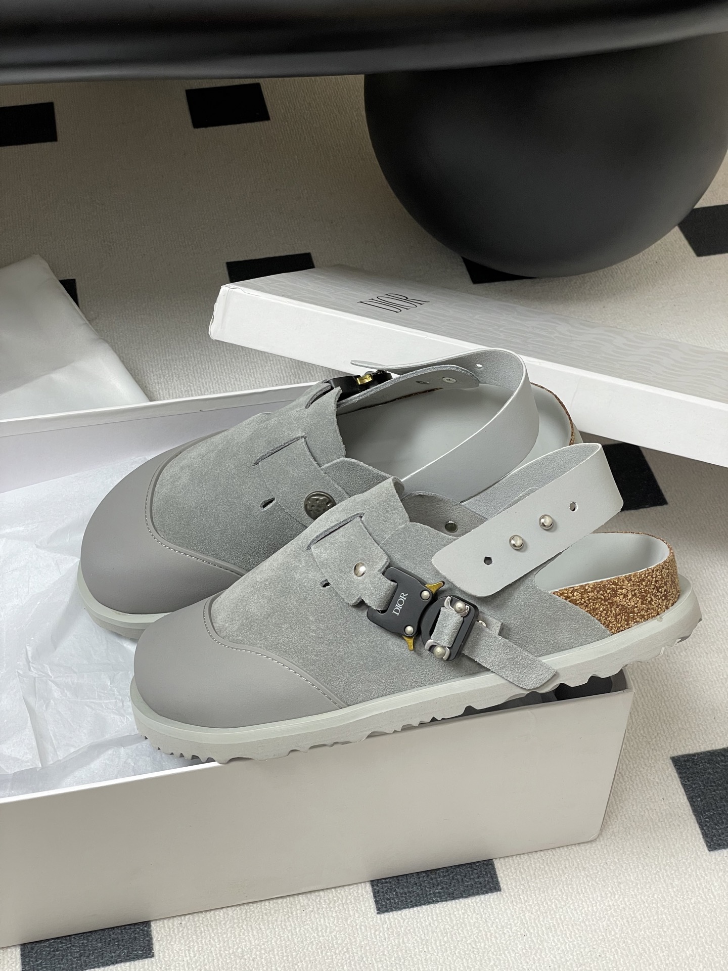 Dior x Birkenstock Milcno Sandals - Gray Leather Mules, Adjustable Back Strap 4 i1750194714950 2340 0 7