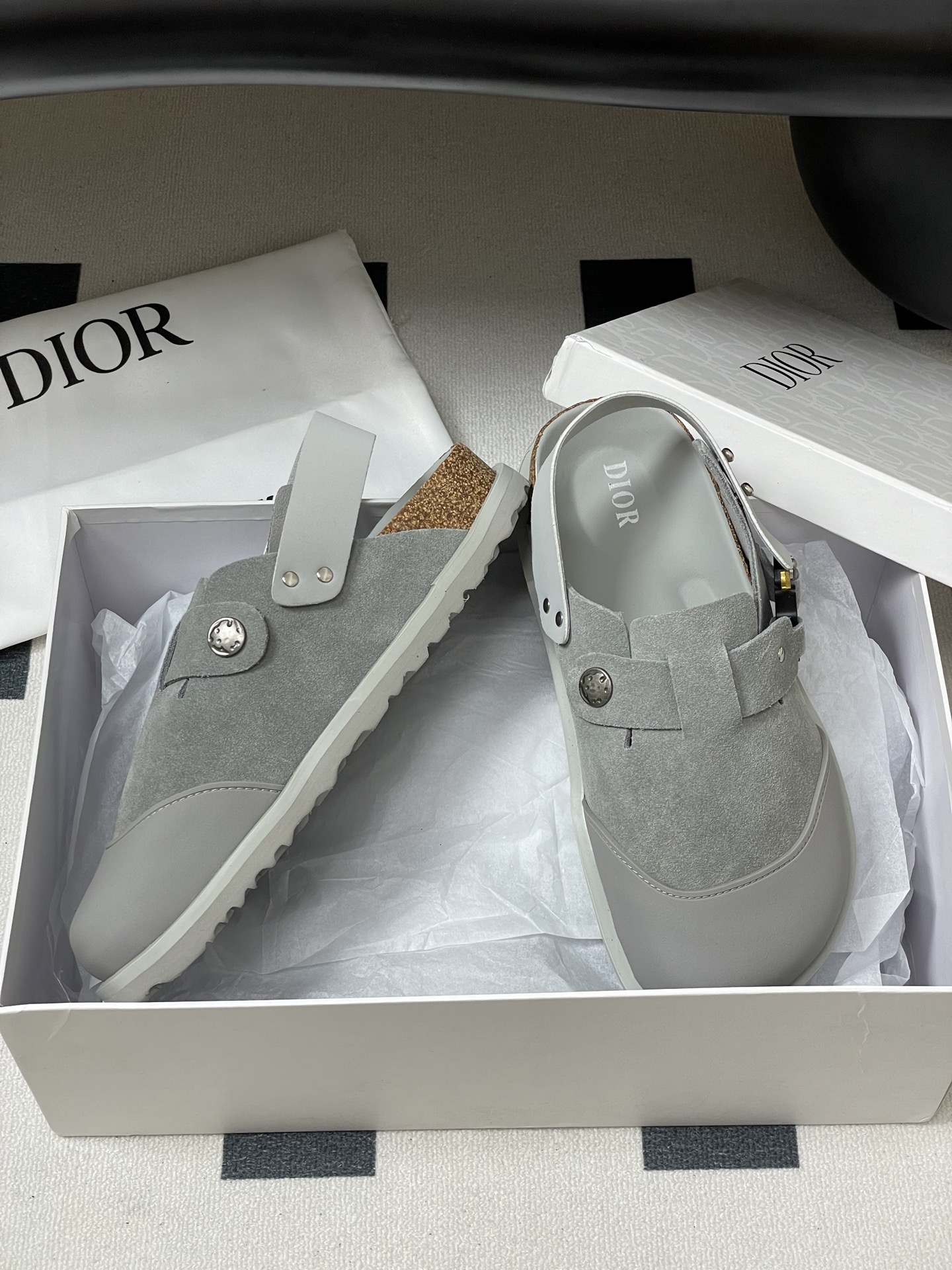 Dior x Birkenstock Milcno Sandals - Gray Leather Mules, Adjustable Back Strap 6 i1750194716570 9024 0 8