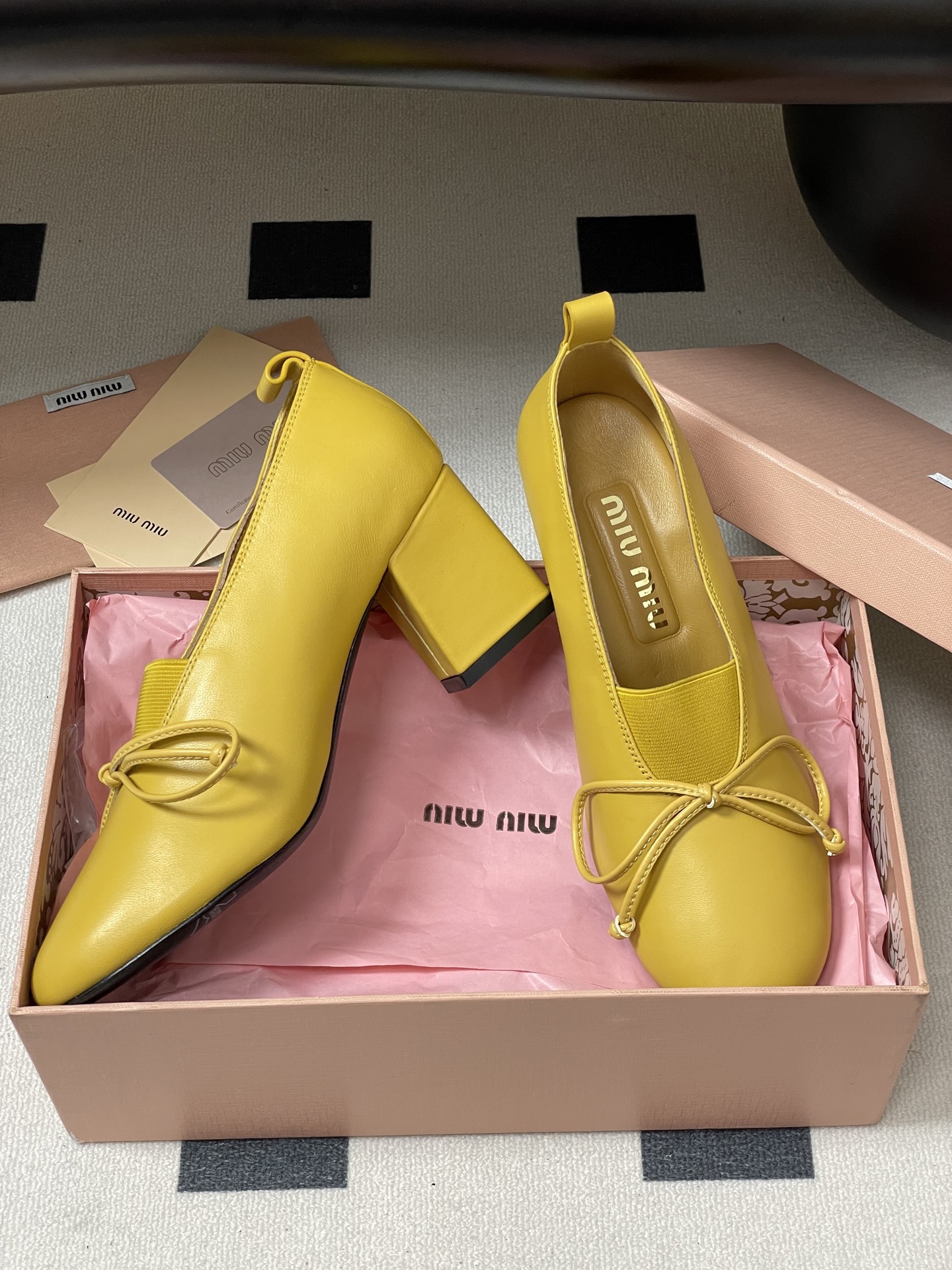 Miu Miu Women's Yellow Leather Block Heel Pumps with Bow Detail 7 i1750194993021 9339 0 8