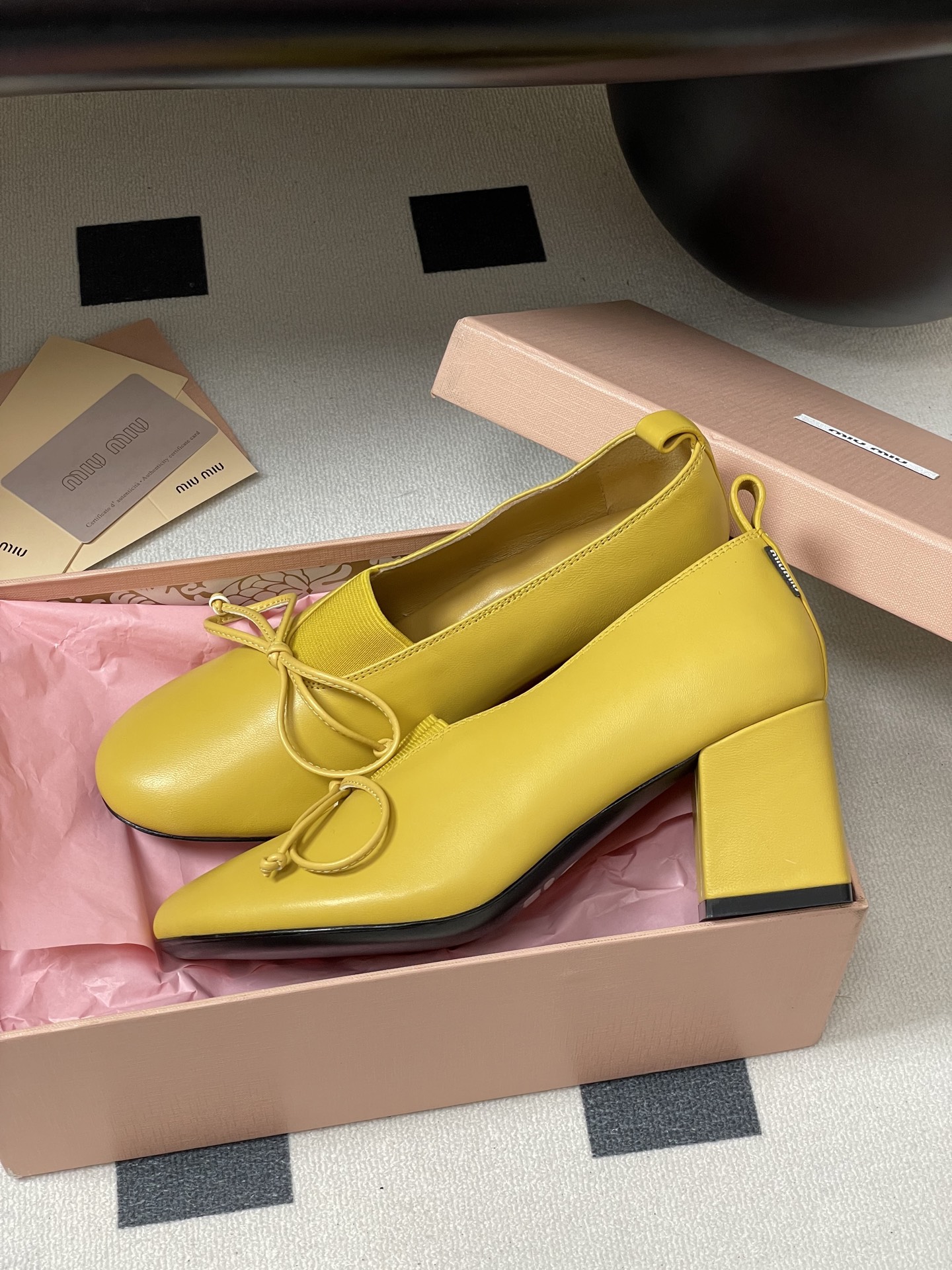 Miu Miu Women's Yellow Leather Block Heel Pumps with Bow Detail 5 i1750194993041 4006 0 7