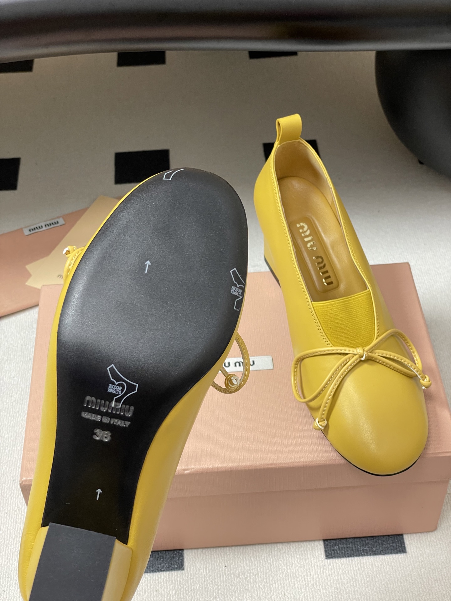 Miu Miu Women's Yellow Leather Block Heel Pumps with Bow Detail 9 i1750194995089 5401 0 5