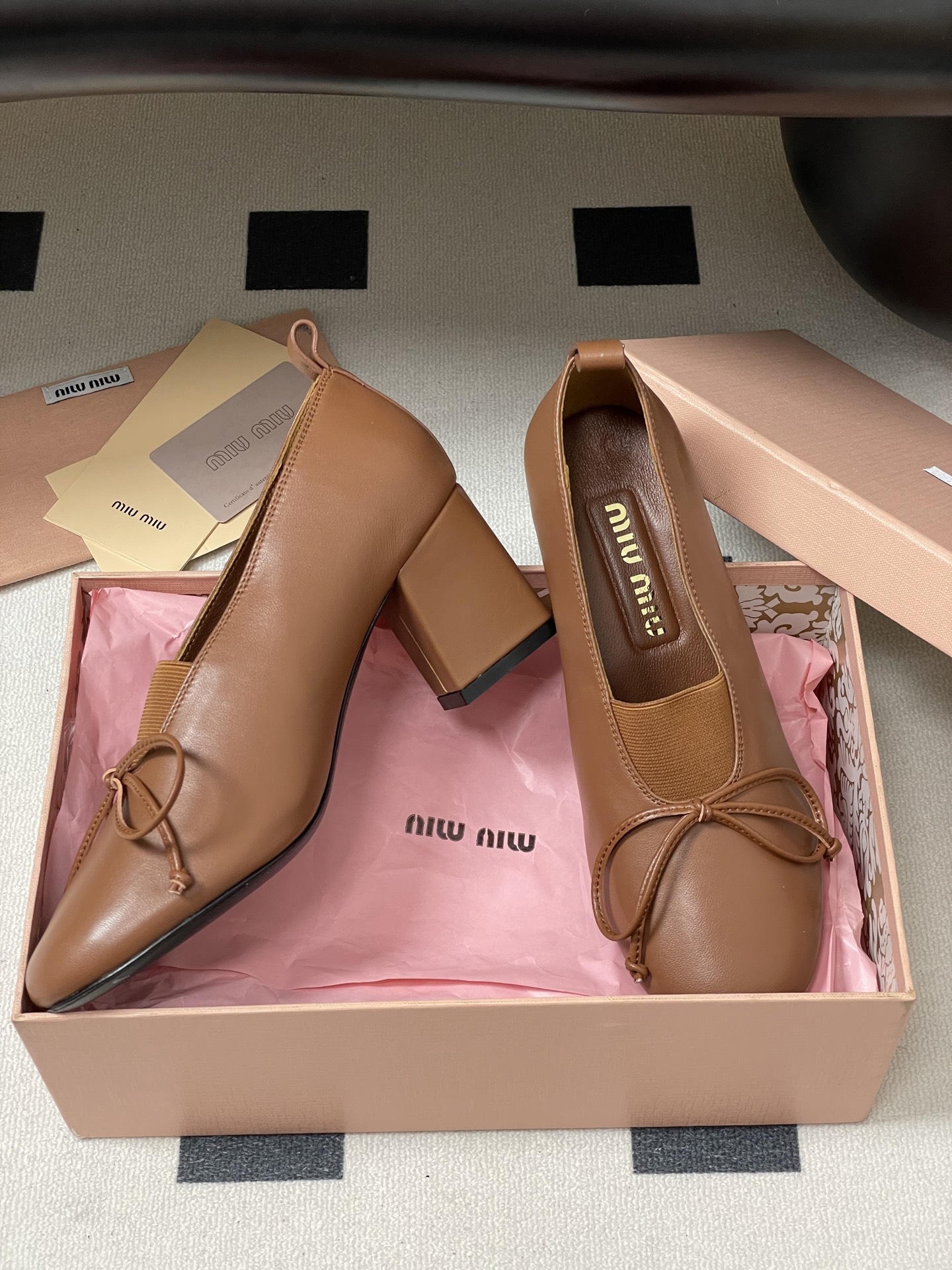 Miu Miu Leather Block Heel Pumps with Bow Detail, Mary Jane Style, Women Shoes 6 i1750195010864 9259 0 1