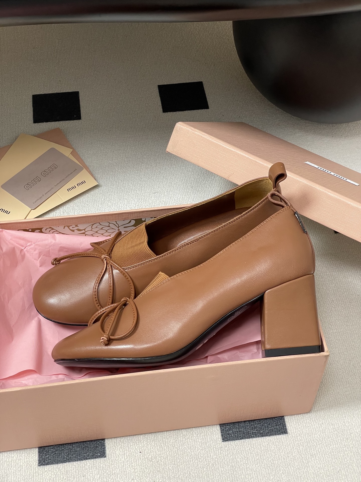 Miu Miu Leather Block Heel Pumps with Bow Detail, Mary Jane Style, Women Shoes 4 i1750195012800 3188 0 0