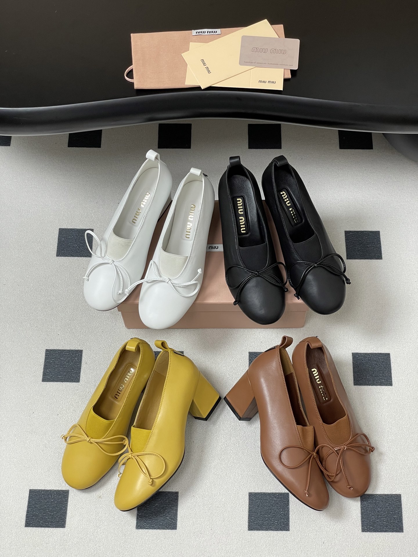 Miu Miu Ballet Flats Mary Jane High Heels with Bow Leather Shoes Women