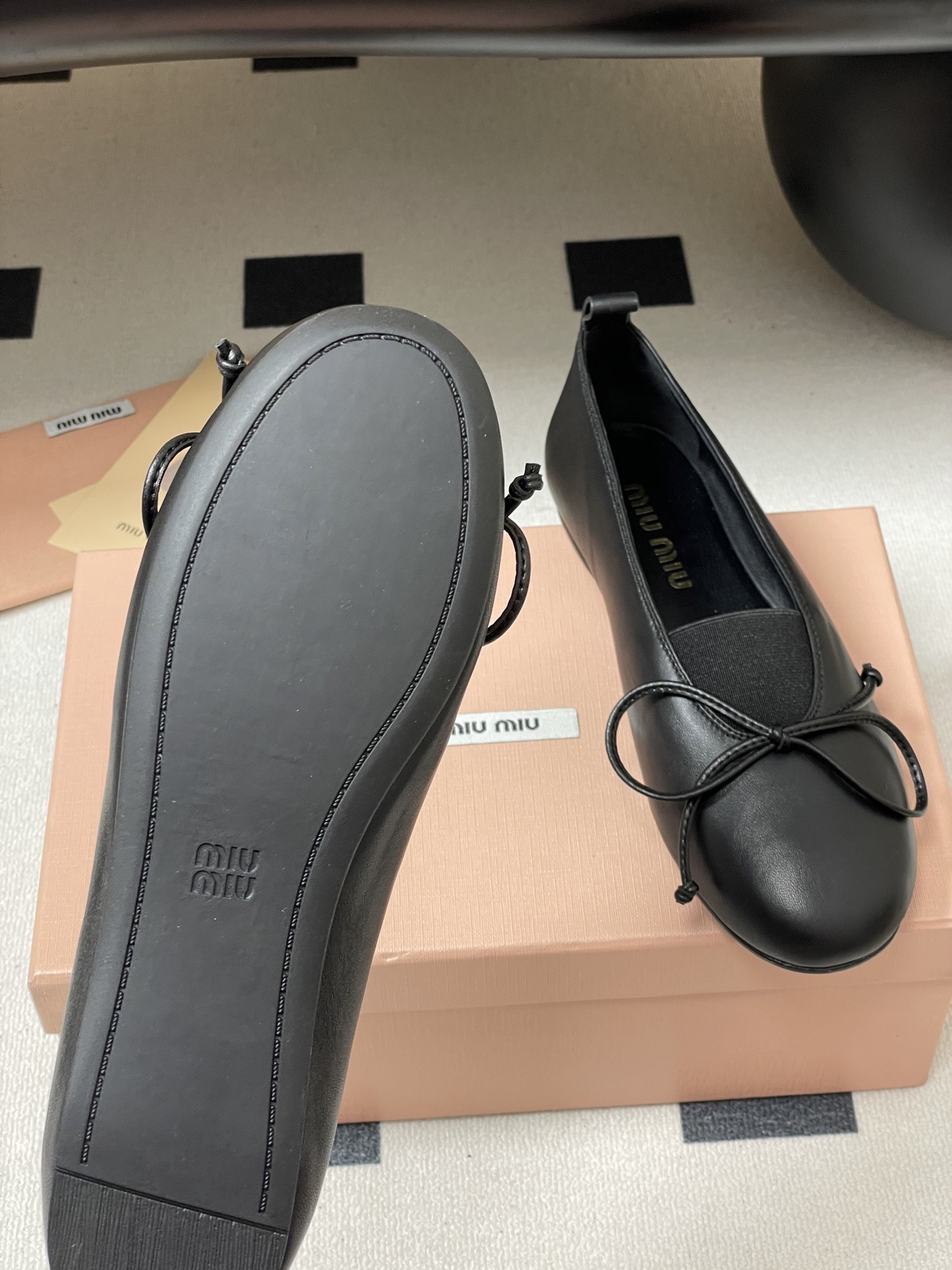 Miu Miu Ballerinas: Round-Toe Bow Flats with Elastic Strap, Leather Shoes 9 i1750195176010 6844 0 2