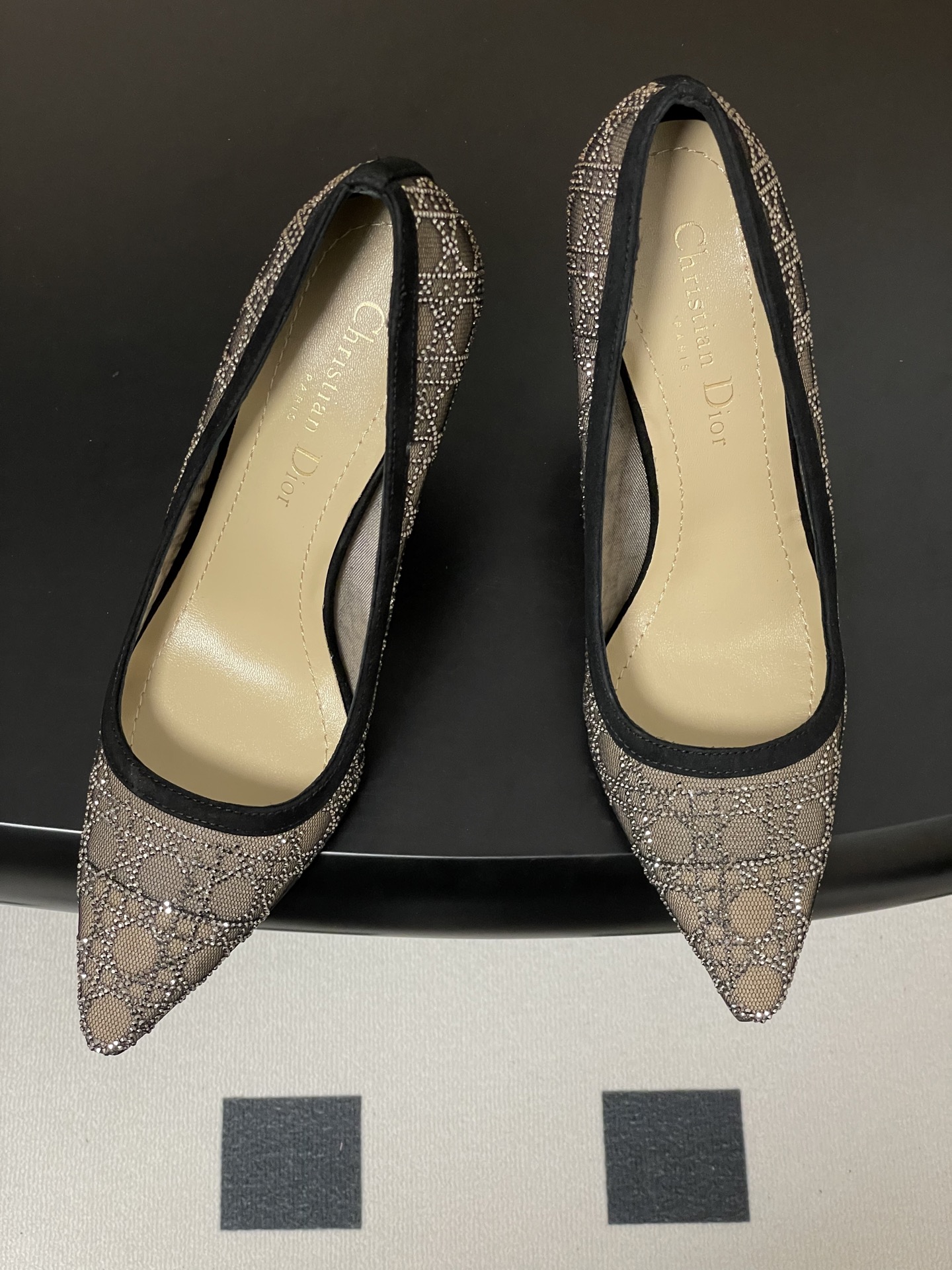 Dior 25ss早春新款Dior 迪奥D-Capture璀璨星河系列 藤格纹烫钻网纱水晶钻高跟单鞋小猫跟后空凉鞋尖头高跟穆勒鞋猫跟包头半拖鞋婚鞋
