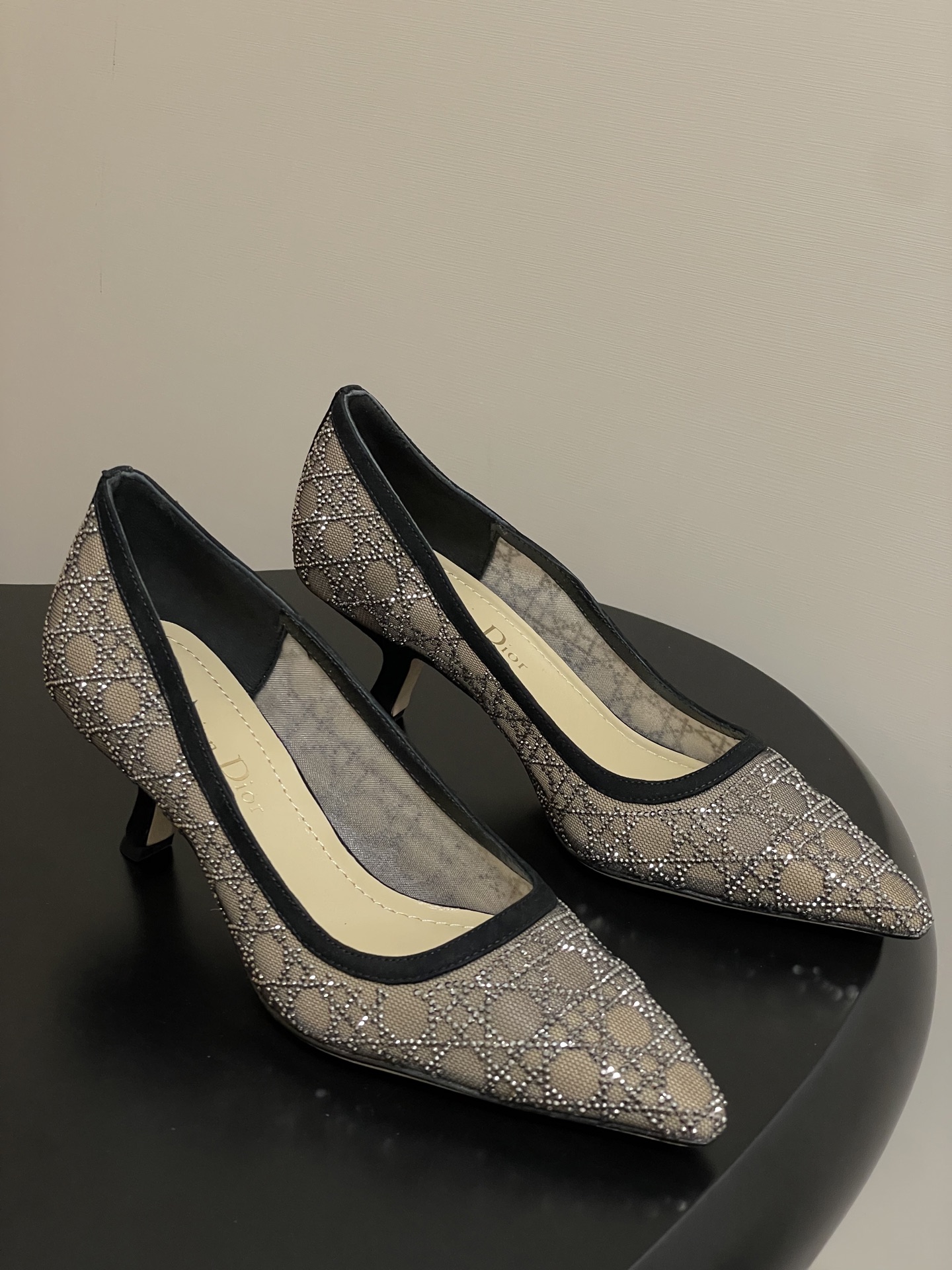 Dior 25ss早春新款Dior 迪奥D-Capture璀璨星河系列 藤格纹烫钻网纱水晶钻高跟单鞋小猫跟后空凉鞋尖头高跟穆勒鞋猫跟包头半拖鞋婚鞋