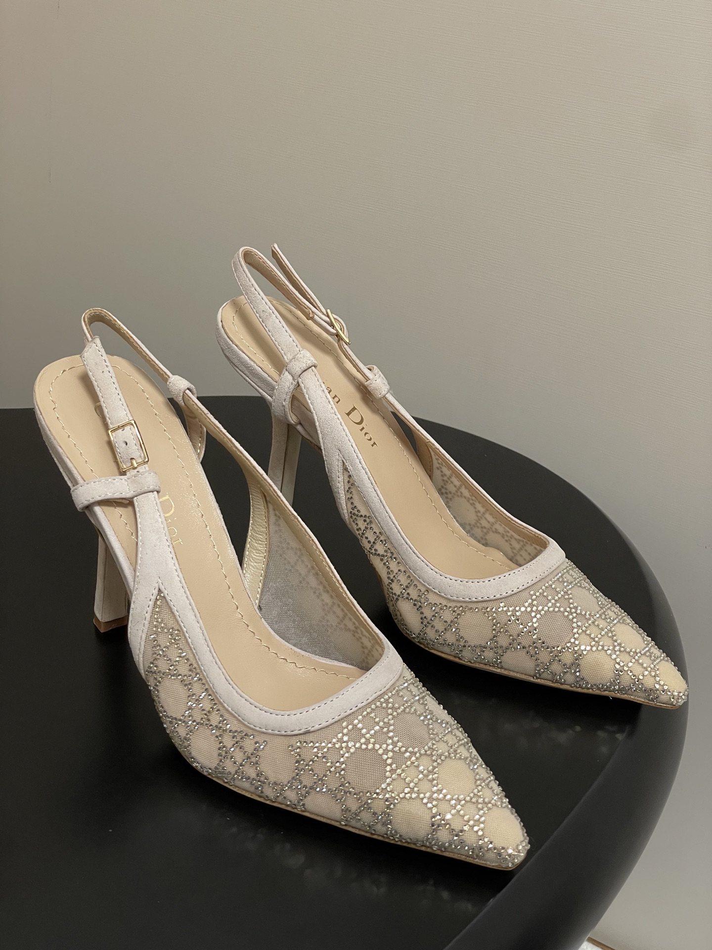 Dior 25ss早春新款Dior 迪奥D-Capture璀璨星河系列 藤格纹烫钻网纱水晶钻高跟单鞋小猫跟后空凉鞋尖头高跟穆勒鞋猫跟包头半拖鞋婚鞋