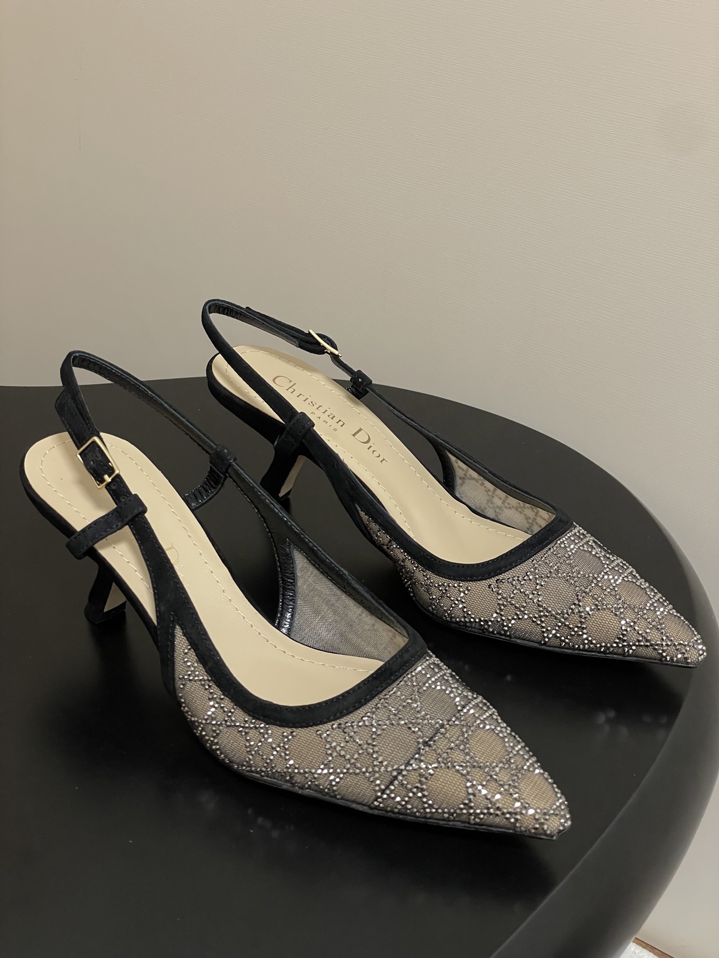 Dior 25ss早春新款Dior 迪奥D-Capture璀璨星河系列 藤格纹烫钻网纱水晶钻高跟单鞋小猫跟后空凉鞋尖头高跟穆勒鞋猫跟包头半拖鞋婚鞋