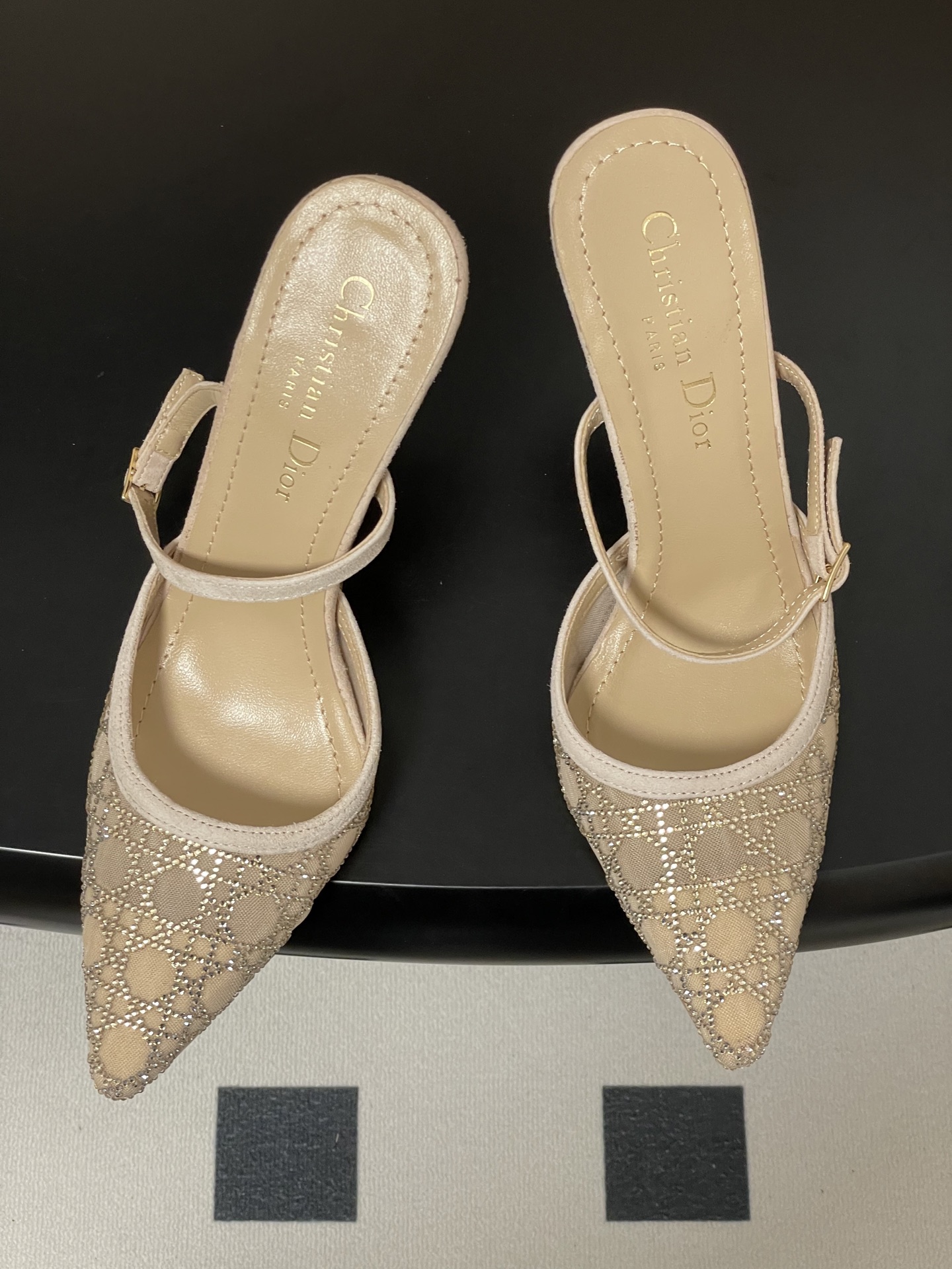 Dior 25ss早春新款Dior 迪奥D-Capture璀璨星河系列 藤格纹烫钻网纱水晶钻高跟单鞋小猫跟后空凉鞋尖头高跟穆勒鞋猫跟包头半拖鞋婚鞋