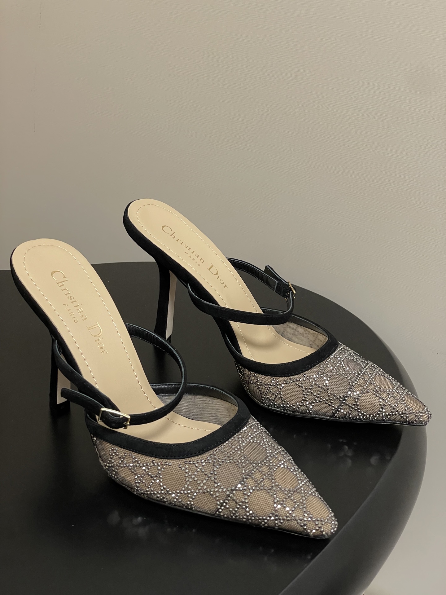 Dior 25ss早春新款Dior 迪奥D-Capture璀璨星河系列 藤格纹烫钻网纱水晶钻高跟单鞋小猫跟后空凉鞋尖头高跟穆勒鞋猫跟包头半拖鞋婚鞋