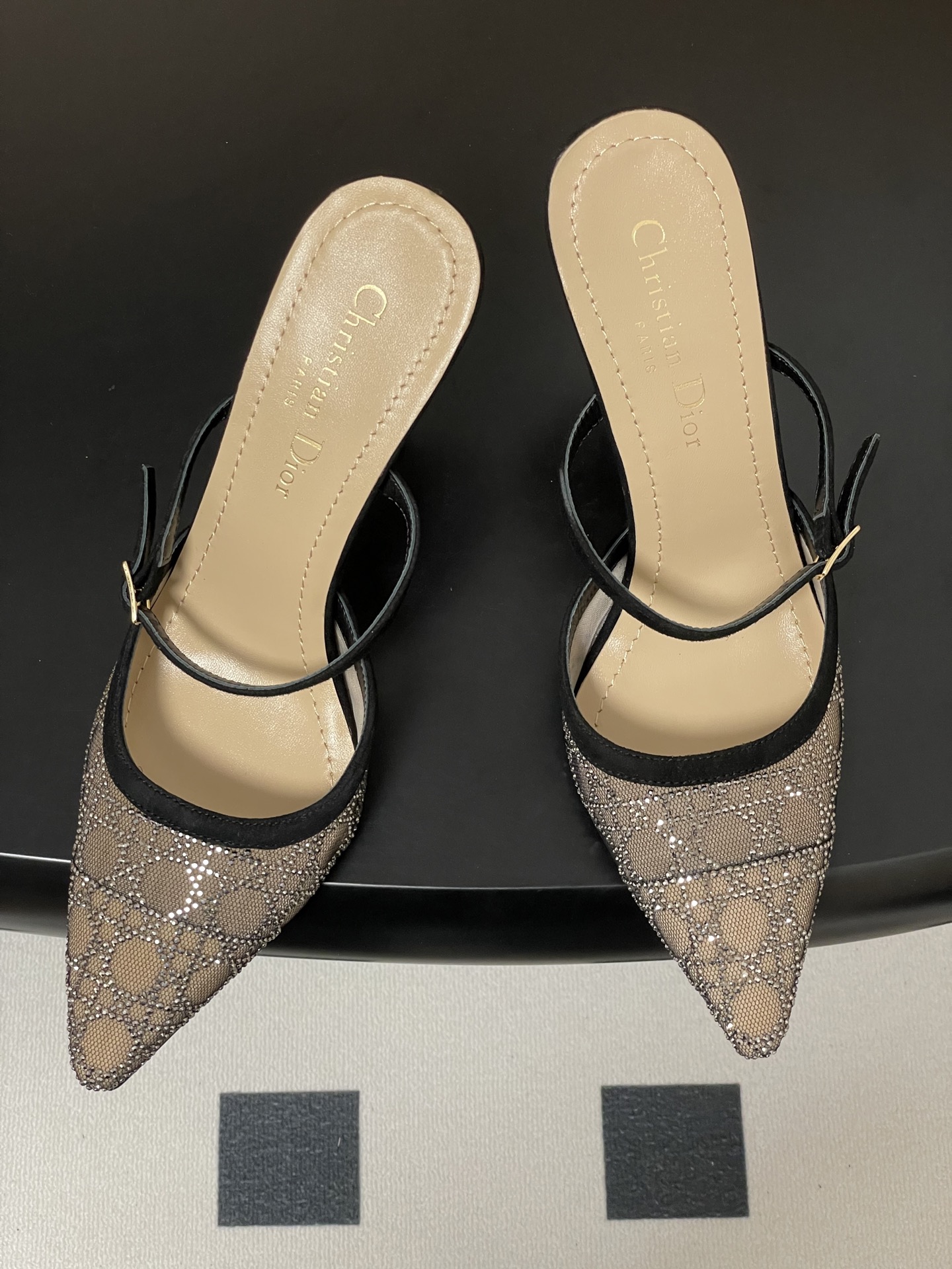 Dior 25ss早春新款Dior 迪奥D-Capture璀璨星河系列 藤格纹烫钻网纱水晶钻高跟单鞋小猫跟后空凉鞋尖头高跟穆勒鞋猫跟包头半拖鞋婚鞋