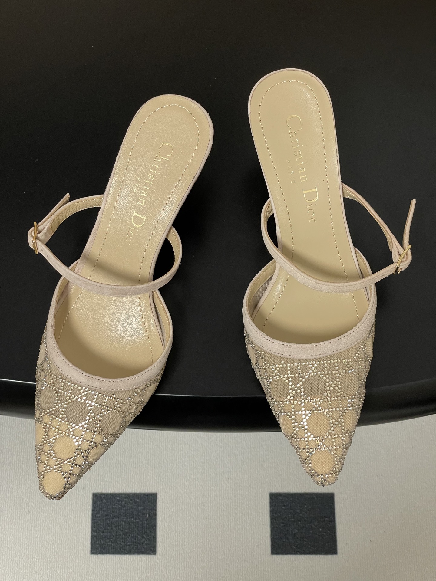 Dior 25ss早春新款Dior 迪奥D-Capture璀璨星河系列 藤格纹烫钻网纱水晶钻高跟单鞋小猫跟后空凉鞋尖头高跟穆勒鞋猫跟包头半拖鞋婚鞋