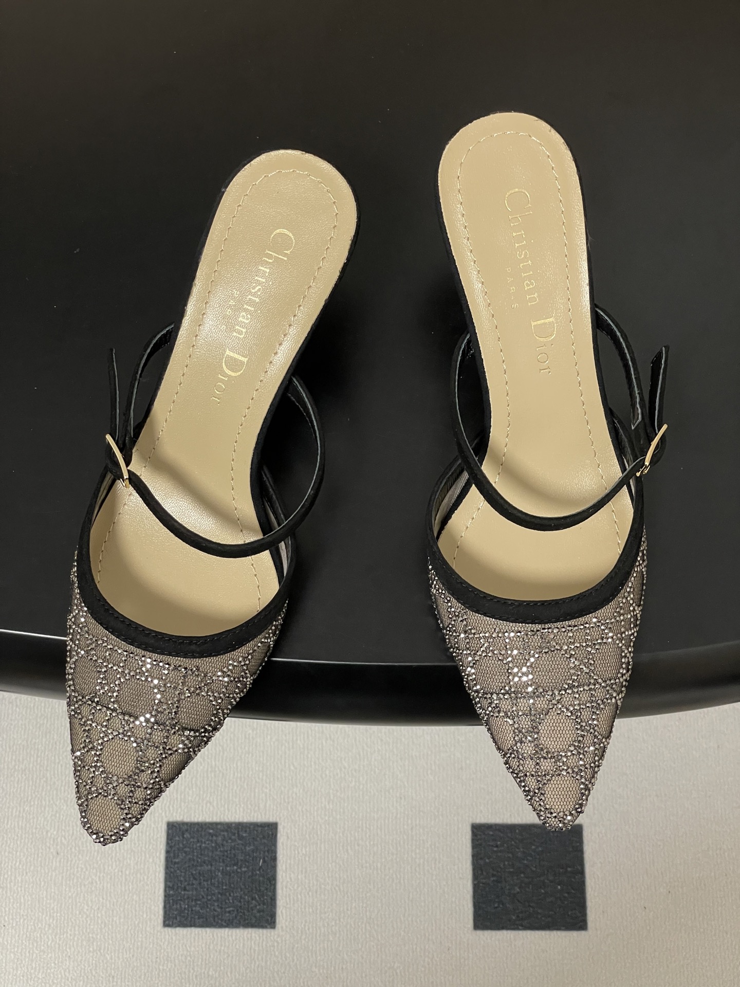 Dior 25ss早春新款Dior 迪奥D-Capture璀璨星河系列 藤格纹烫钻网纱水晶钻高跟单鞋小猫跟后空凉鞋尖头高跟穆勒鞋猫跟包头半拖鞋婚鞋