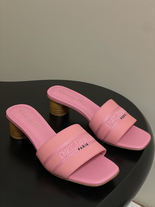 Dior Dway Heeled Slides - Pink Leather with Embroidered Logo 1 Dior Dway Heeled Slides - Pink Leather with Embroidered Logo