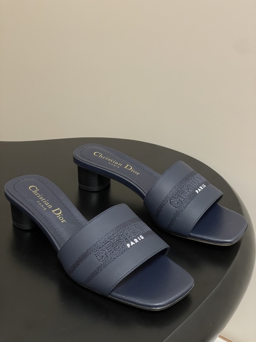 Dior Dway Heeled Mules in Blue Leather with Embroidered Logo