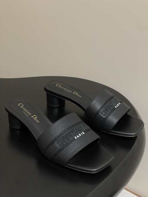 Dior Dway Heeled Slides in Black Leather with Embroidered Logo - Women 1 Dior Dway Heeled Slides in Black Leather with Embroidered Logo - Women