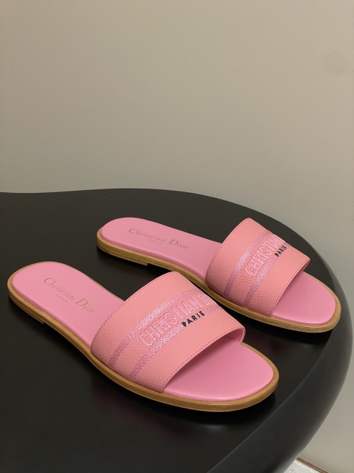 Dior Dway Pink Leather Slides Sandals with CD Embroidery - Flat Heel 1 Dior Dway Pink Leather Slides Sandals with CD Embroidery - Flat Heel