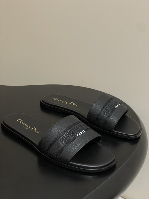 Dior Dway Black Leather Slides with Embroidered Christian Dior Paris Signature