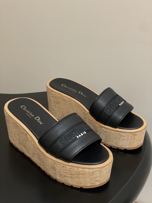 Dior Dway Platform Sandals, Cork Wedge Heel, Black Leather, Comfortable & Stylish