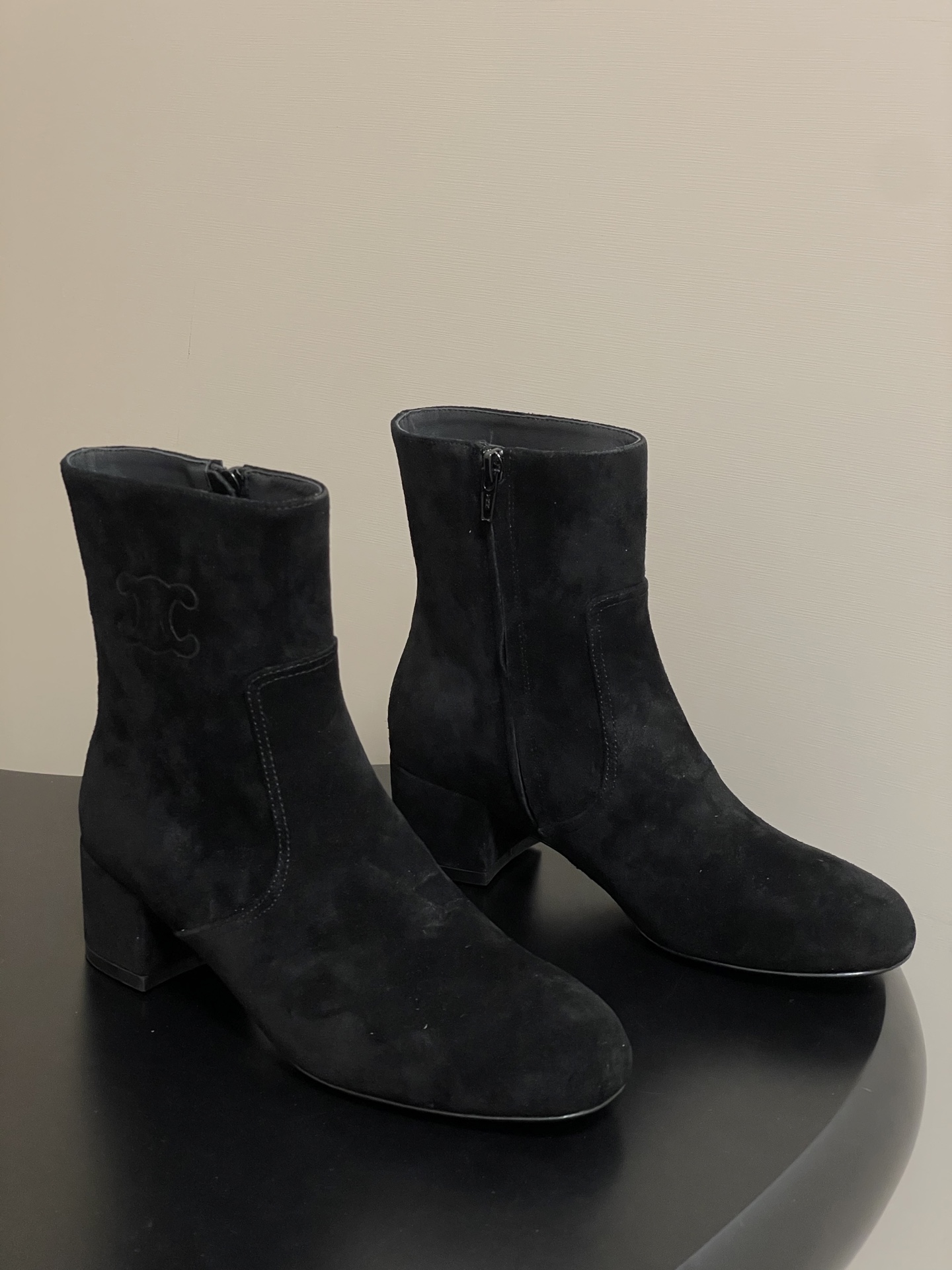 Celine Women's Black Suede Heeled Ankle Boots with Triomphe Emblem