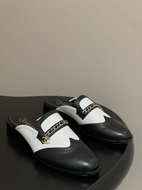 Chanel 25B Chain Loafers Mules, Leather, Double C Buckle, Black/White 1 Chanel 25B Chain Loafers Mules, Leather, Double C Buckle, Black/White