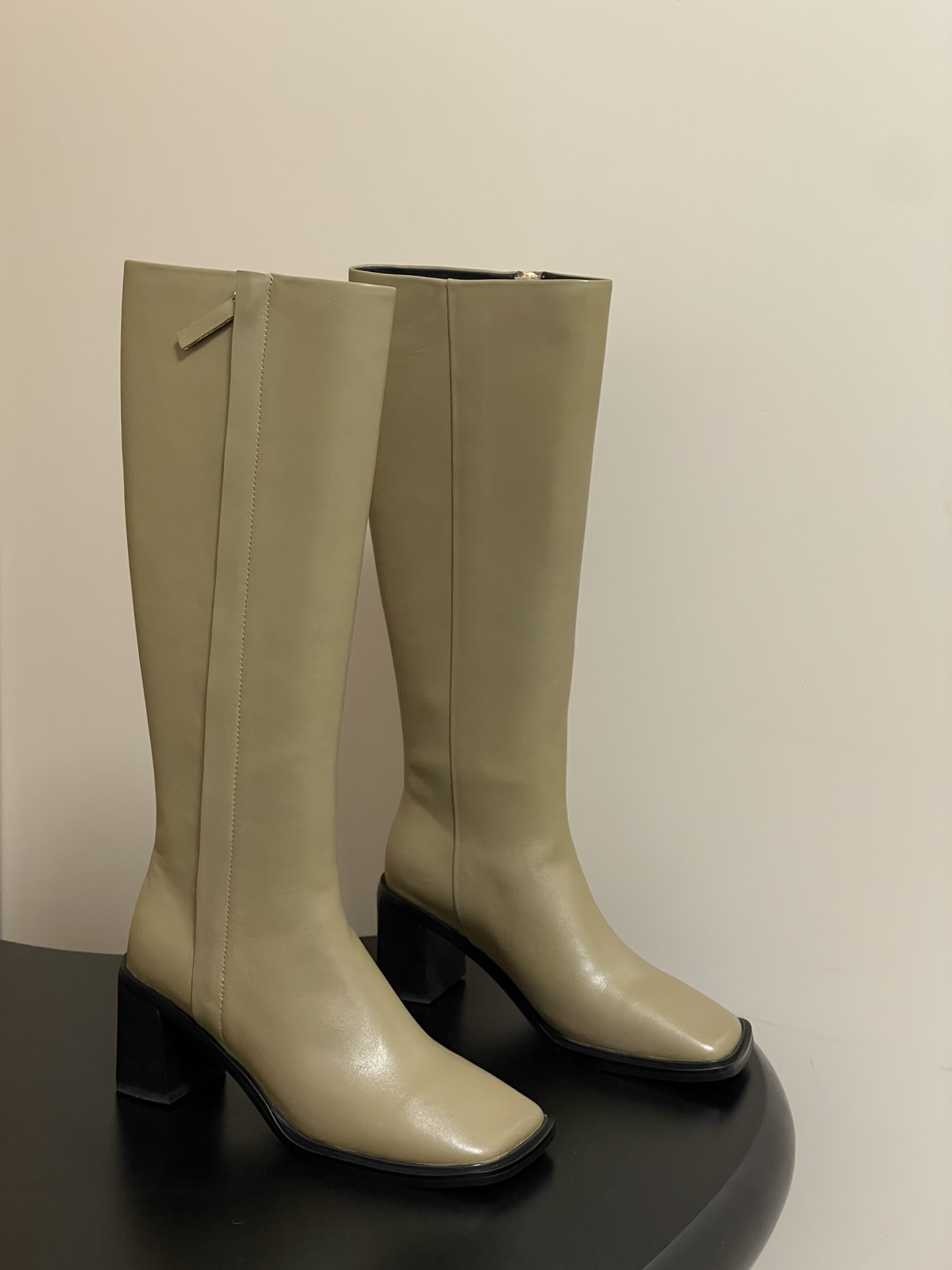 The Row 25SS Fall/Winter New Chunky Heel Square Toe Riding Boots 8cm Chunky Heel Side Zip Calfskin Tall Boots