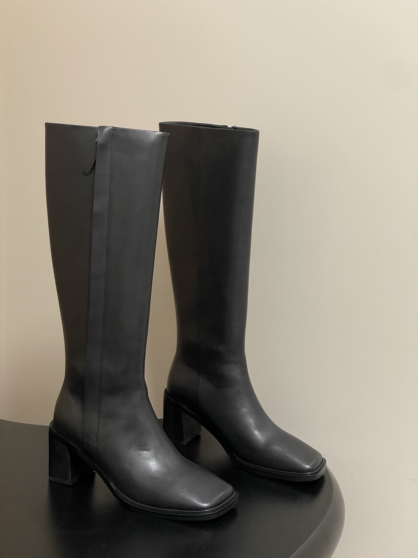 The Row 25SS Fall/Winter New Style Chunky Heel Square Toe Riding Boots 8cm Chunky Heel Side Zipper Calfskin Tall Boots