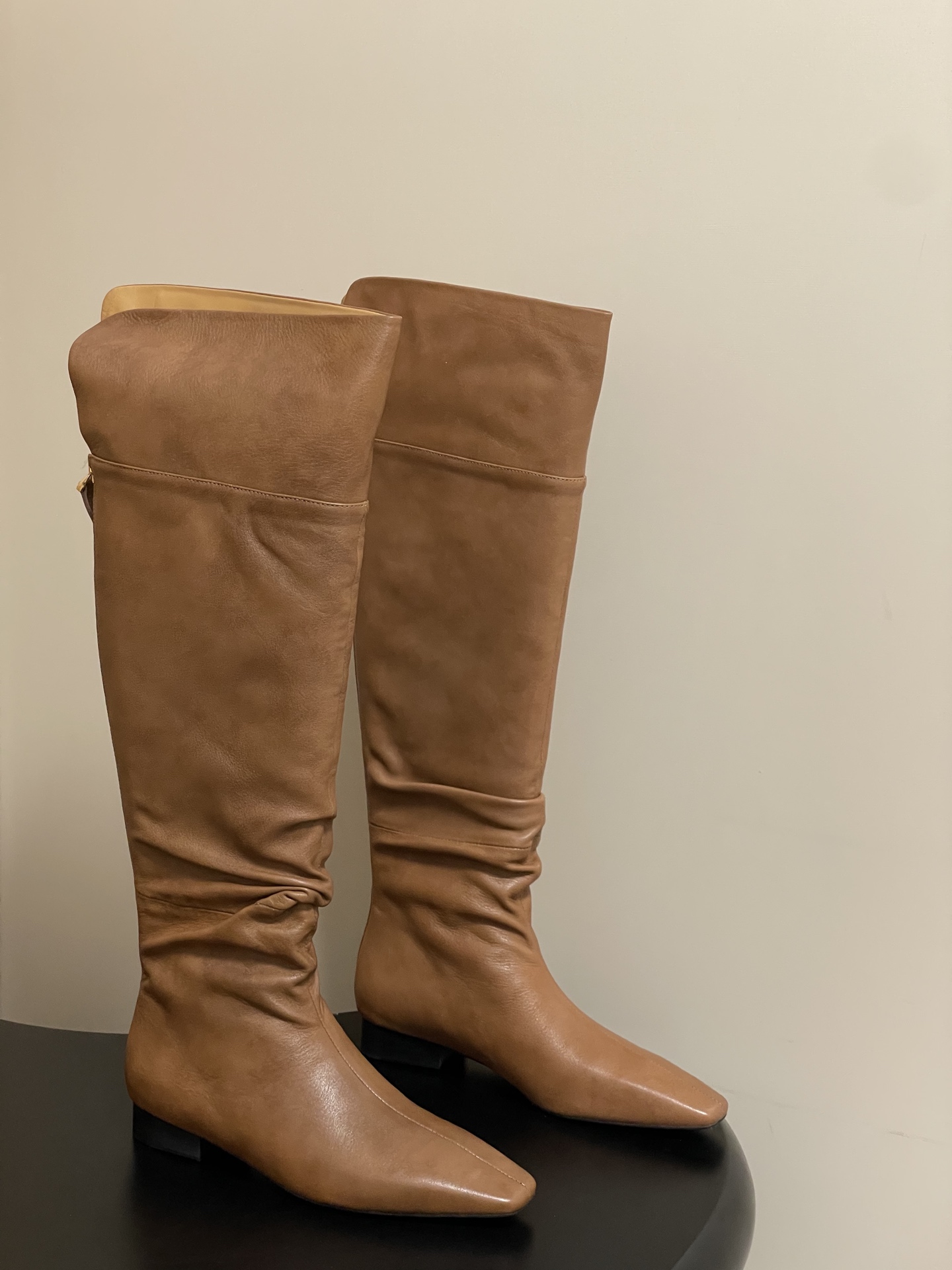 The Row 25SS Fall/Winter New Chunky Heel Square Toe Riding Boots 8cm Chunky Heel Side Zip Calfskin Tall Boots