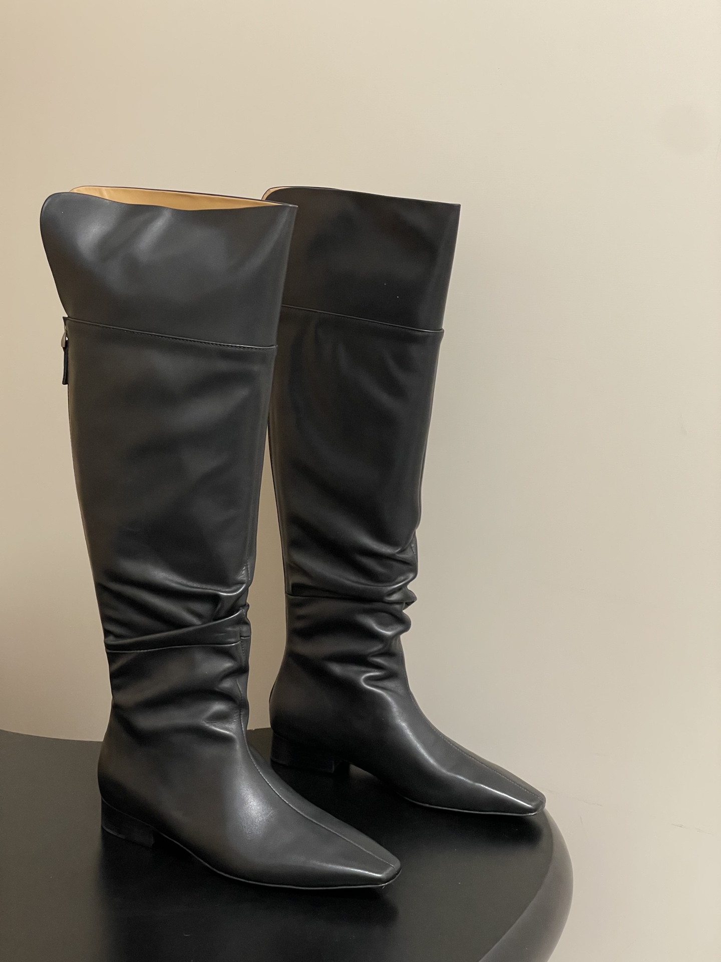 The Row 25SS Fall/Winter New Chunky Heel Square Toe Riding Boots 8cm Chunky Heel Side Zip Calfskin Tall Boots