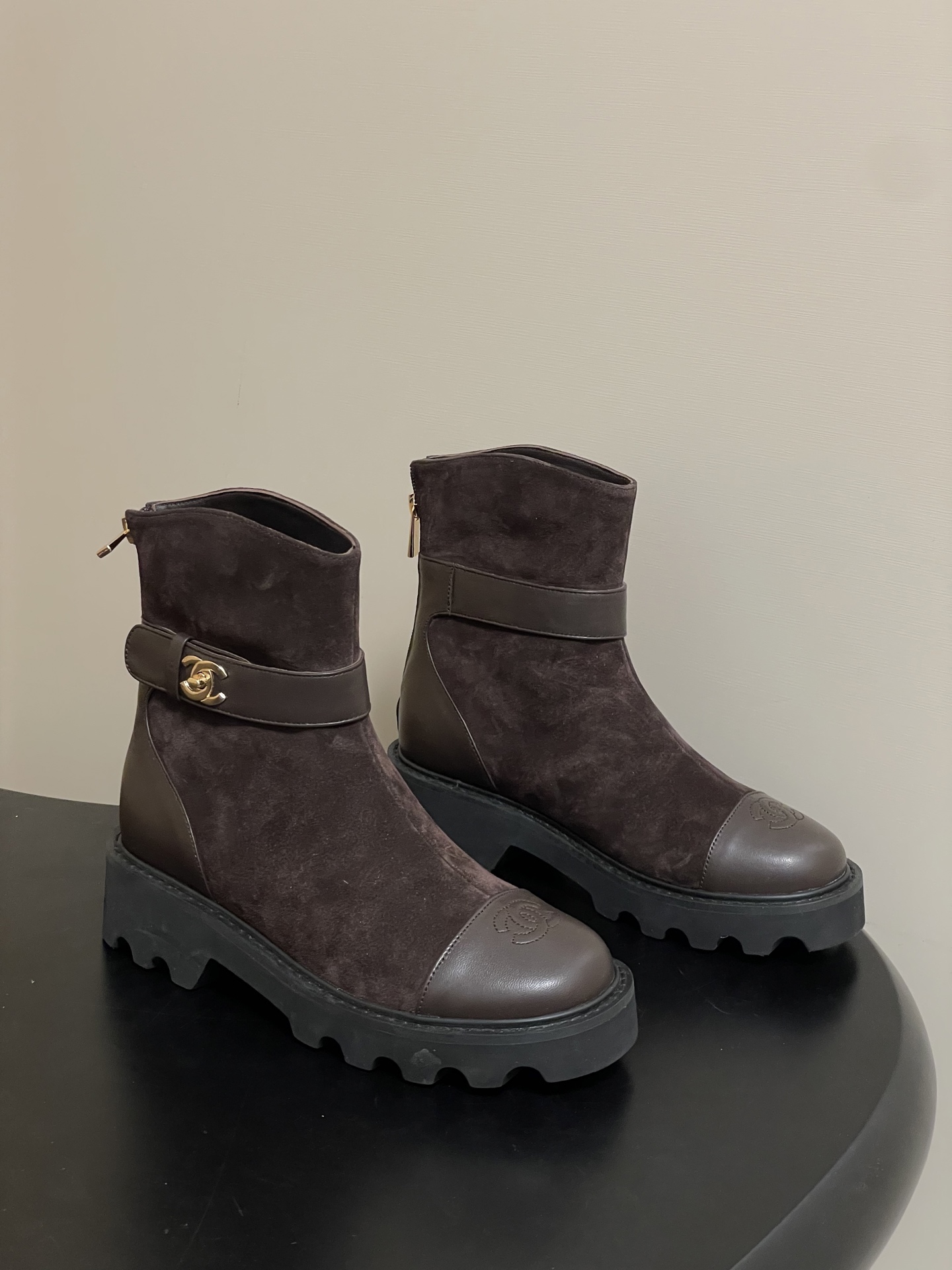 Chanel Suede Ankle Boots with CC Buckle – Elegant Two-Tone Design