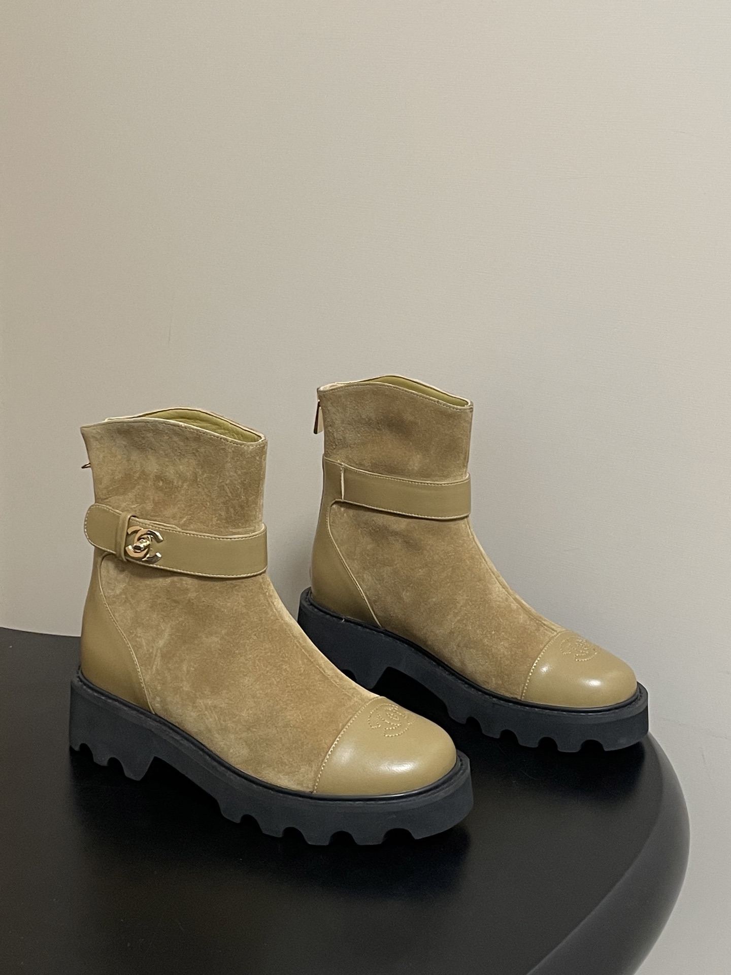 Chanel Suede Ankle Boots with CC Buckle – Elegant Two-Tone Design