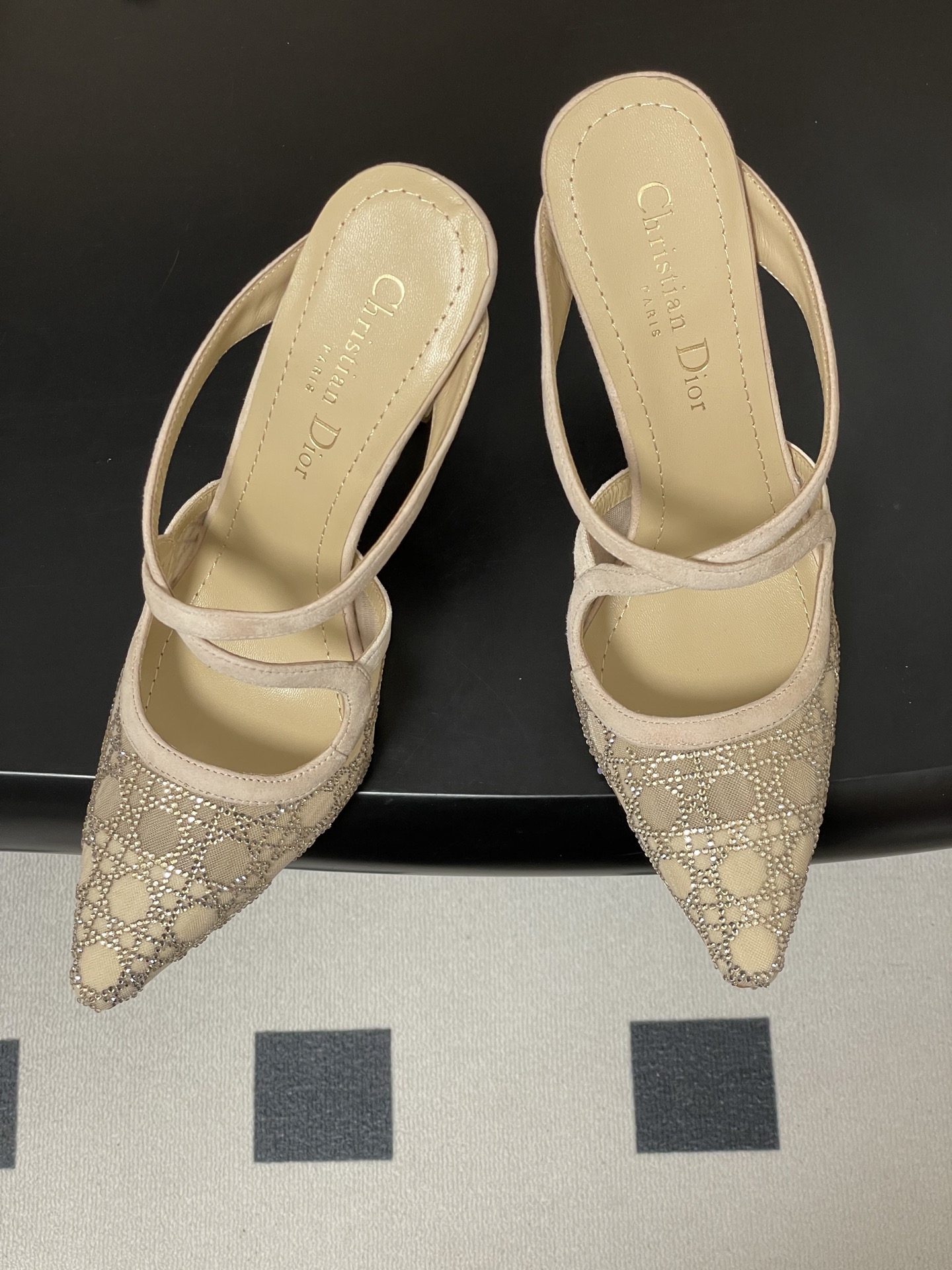 Dior 26ss春夏新款Dior 迪奥D-Capture璀璨星河系列 藤格纹烫钻网纱水晶钻高跟单鞋小猫跟后空凉鞋尖头高跟穆勒鞋猫跟包头半拖鞋婚鞋