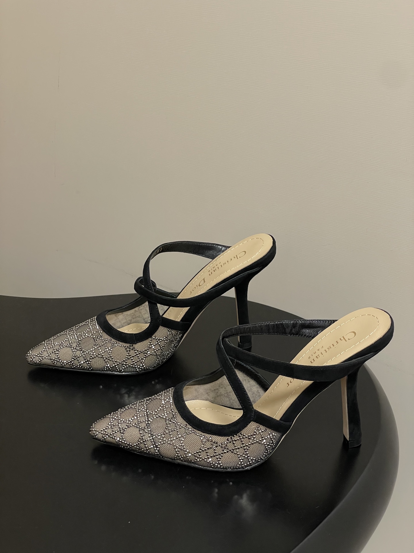 Dior 26ss春夏新款Dior 迪奥D-Capture璀璨星河系列 藤格纹烫钻网纱水晶钻高跟单鞋小猫跟后空凉鞋尖头高跟穆勒鞋猫跟包头半拖鞋婚鞋