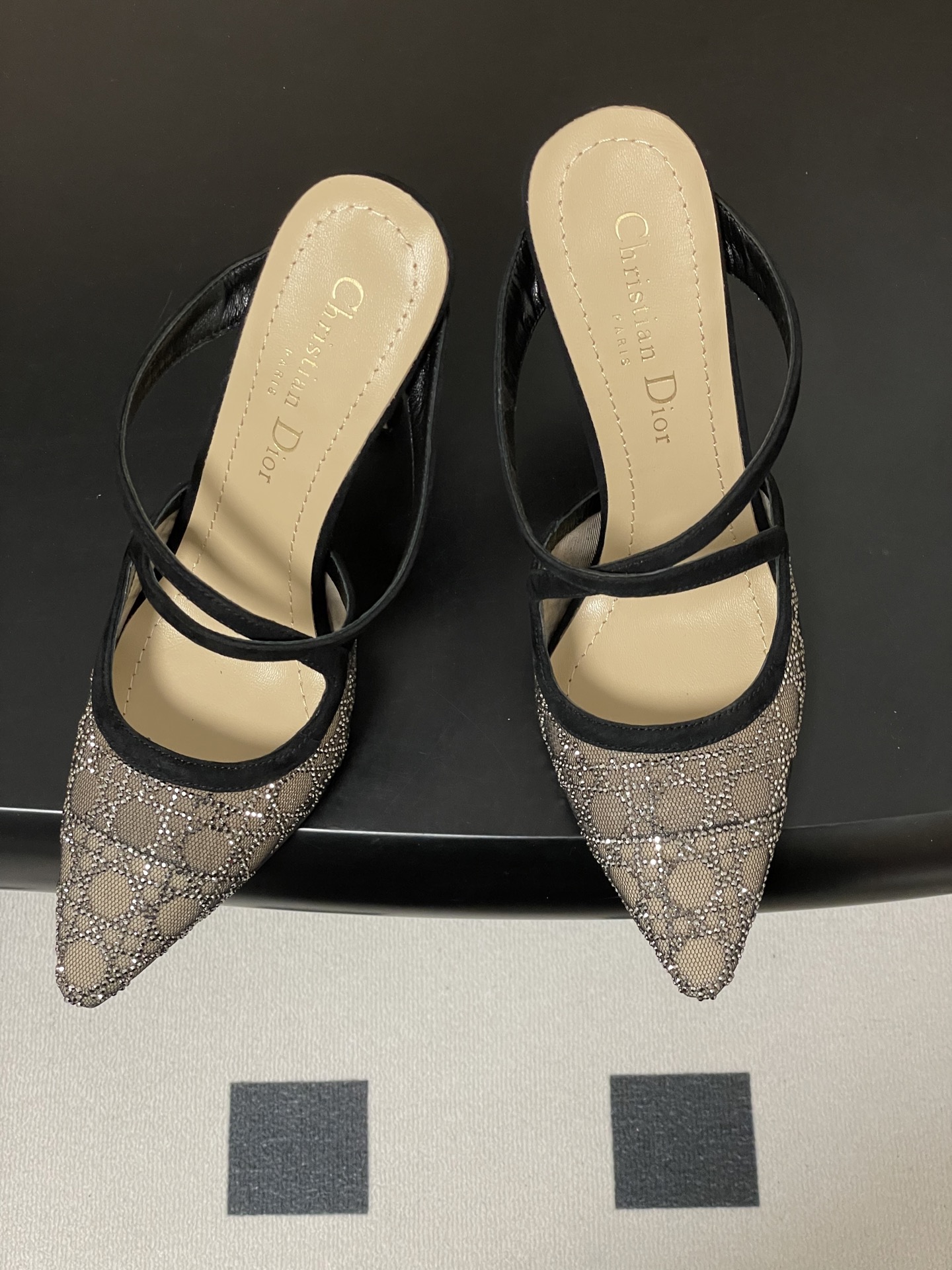 Dior 26ss春夏新款Dior 迪奥D-Capture璀璨星河系列 藤格纹烫钻网纱水晶钻高跟单鞋小猫跟后空凉鞋尖头高跟穆勒鞋猫跟包头半拖鞋婚鞋