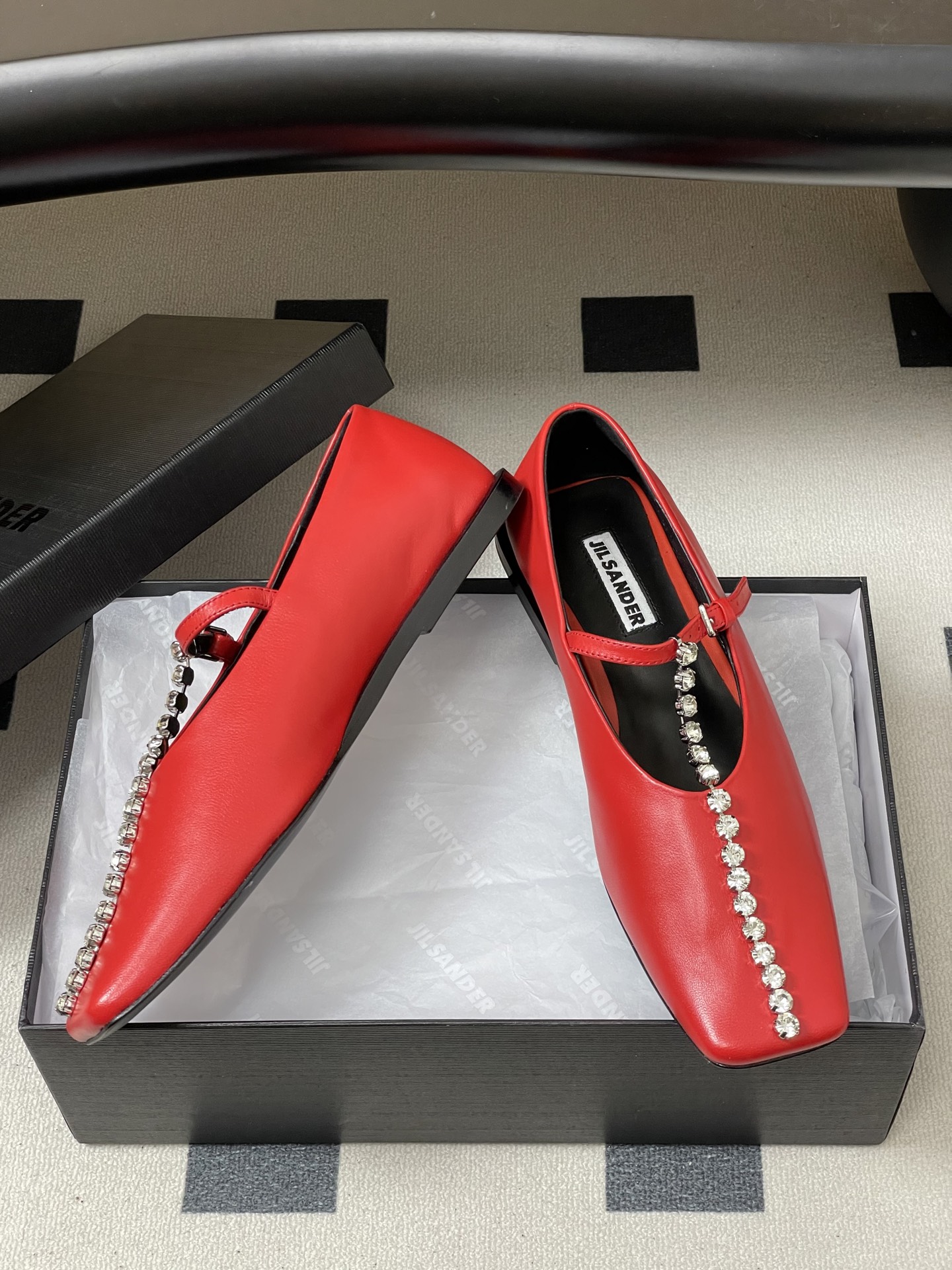 Unknown JIL SANDER 吉尔桑达 26Fw春夏新款 方头水晶钻链条T字玛丽珍鞋极简风一字扣带平底芭蕾舞单鞋